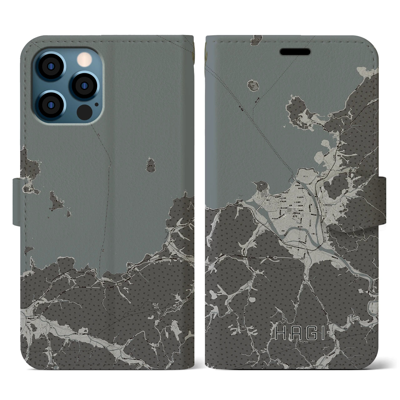 【萩(山口県)】地図柄iPhoneケース(手帳タイプ)モノトーン・iPhone 12 / 12 Pro 用