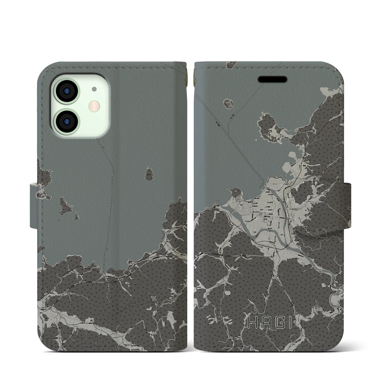 【萩(山口県)】地図柄iPhoneケース(手帳タイプ)モノトーン・iPhone 12 mini 用