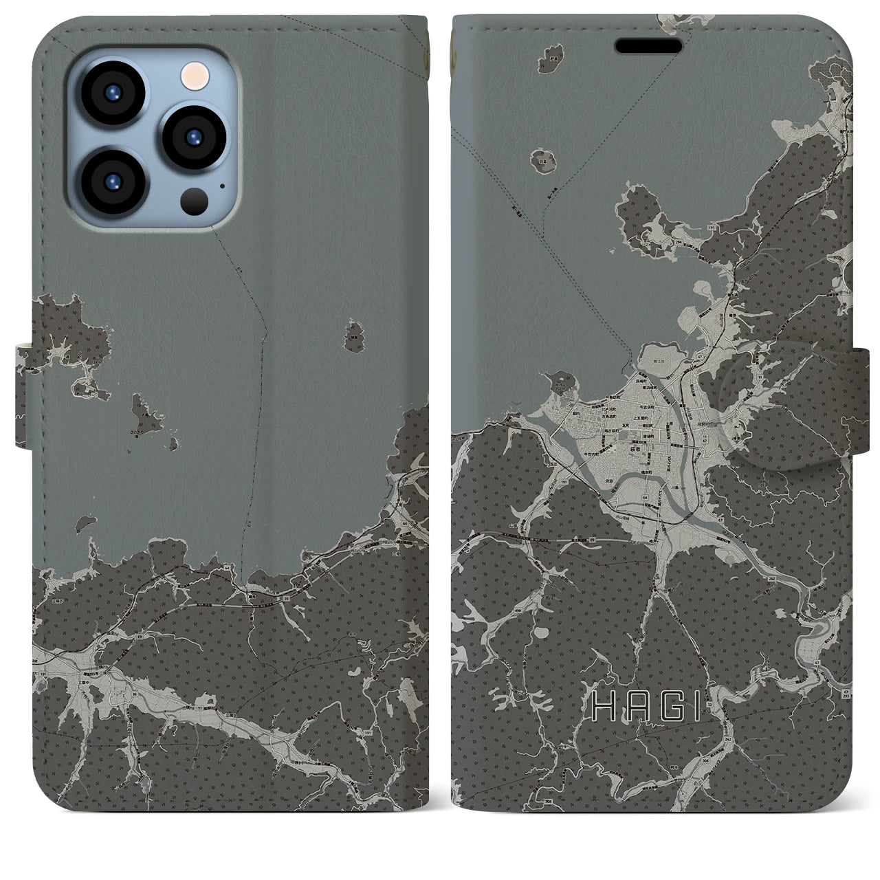 【萩(山口県)】地図柄iPhoneケース(手帳タイプ)モノトーン・iPhone 13 Pro Max 用