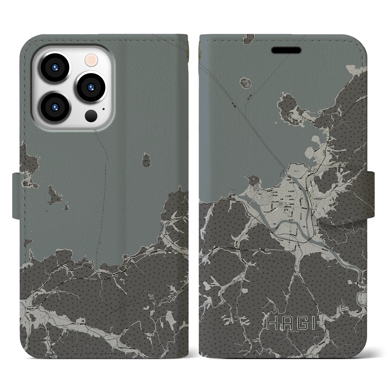 【萩(山口県)】地図柄iPhoneケース(手帳タイプ)モノトーン・iPhone 13 Pro 用
