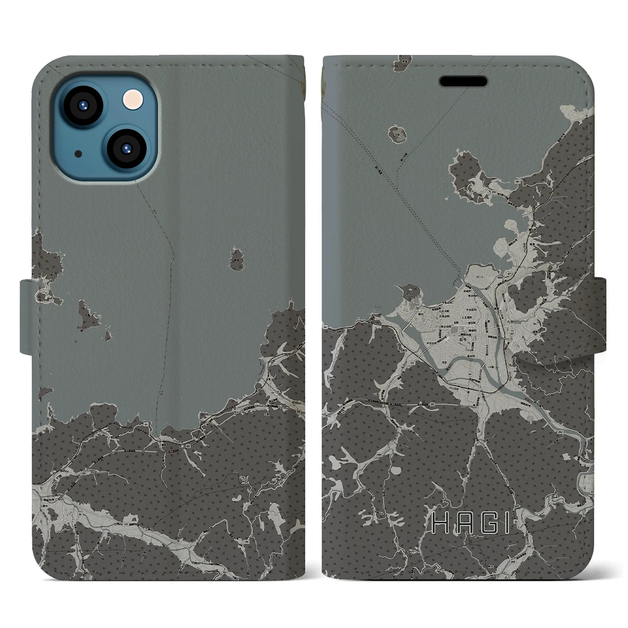 【萩(山口県)】地図柄iPhoneケース(手帳タイプ)モノトーン・iPhone 13 用