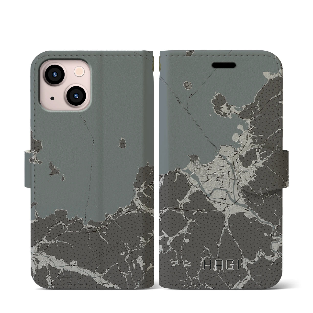 【萩(山口県)】地図柄iPhoneケース(手帳タイプ)モノトーン・iPhone 13 mini 用