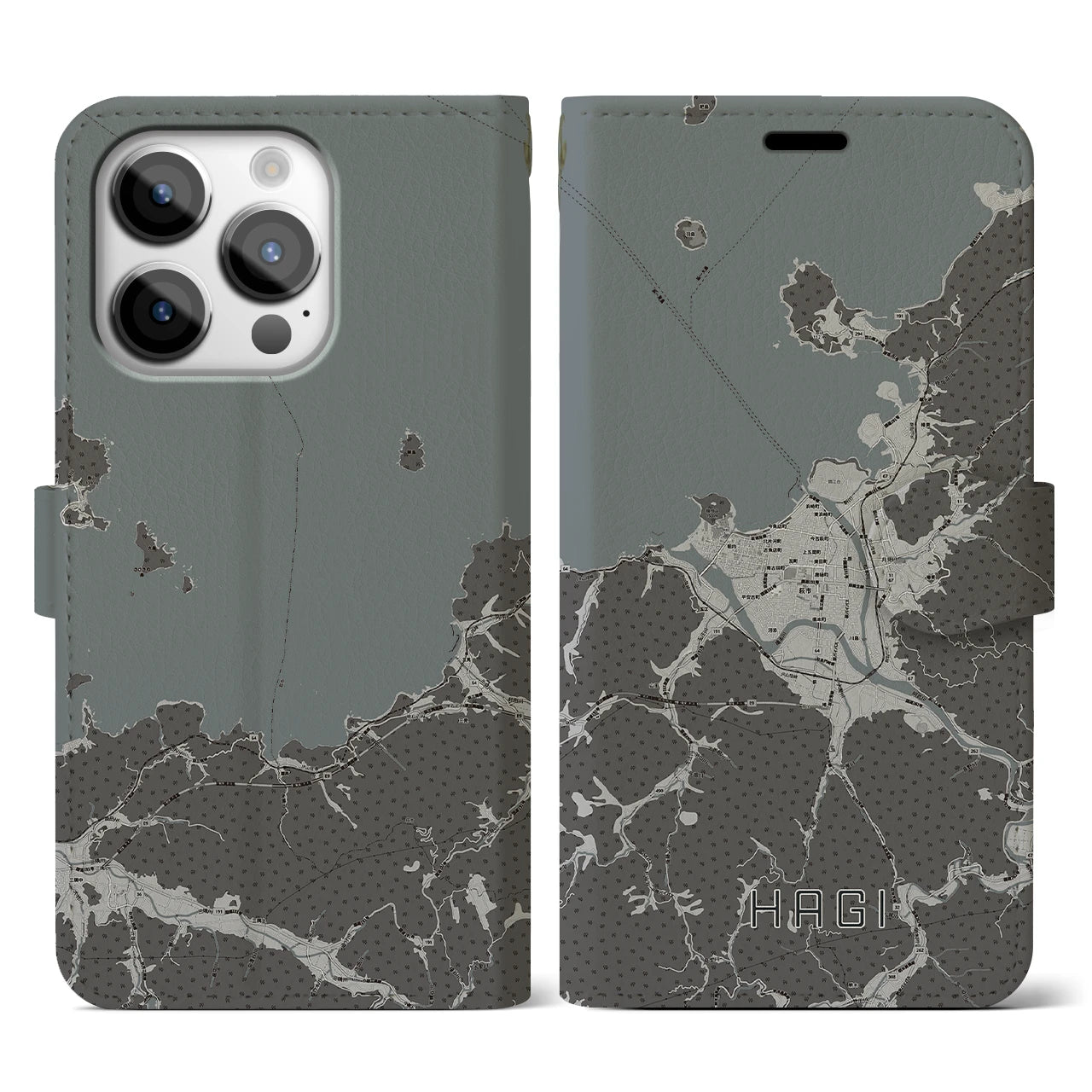 【萩(山口県)】地図柄iPhoneケース(手帳タイプ)モノトーン・iPhone 14 Pro 用