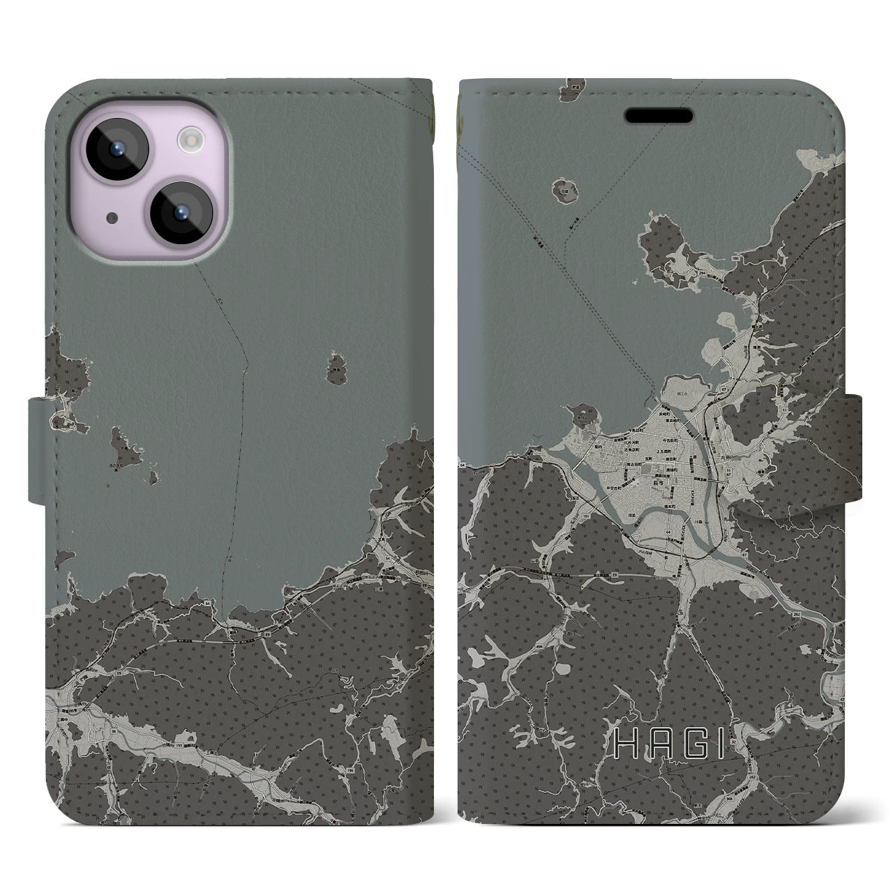 【萩(山口県)】地図柄iPhoneケース(手帳タイプ)モノトーン・iPhone 14 用