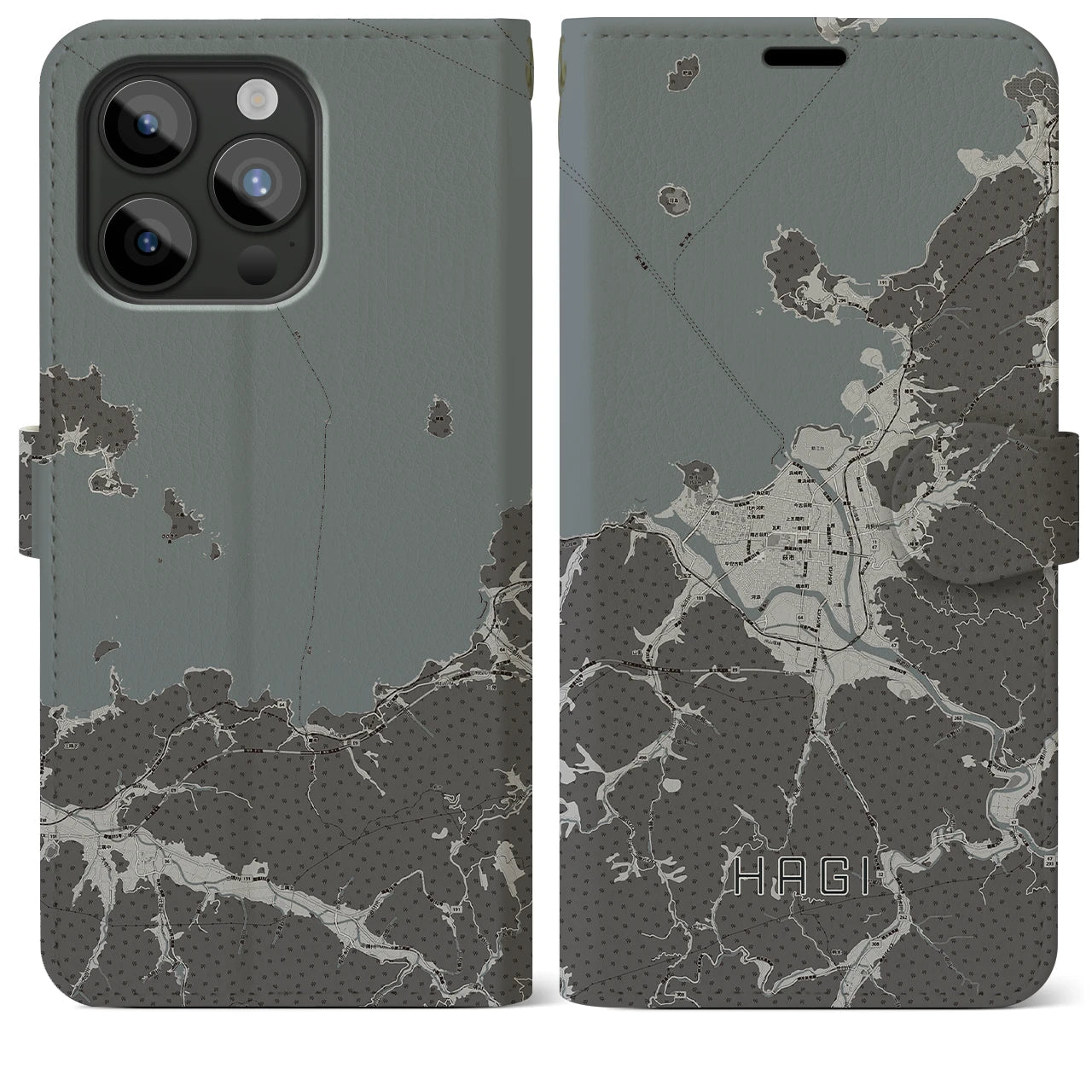 【萩(山口県)】地図柄iPhoneケース(手帳タイプ)モノトーン・iPhone 15 Pro Max 用