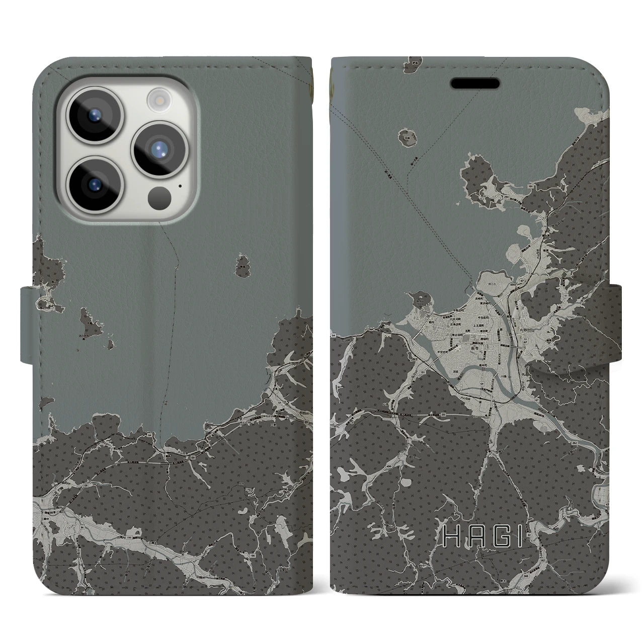 【萩(山口県)】地図柄iPhoneケース(手帳タイプ)モノトーン・iPhone 15 Pro 用