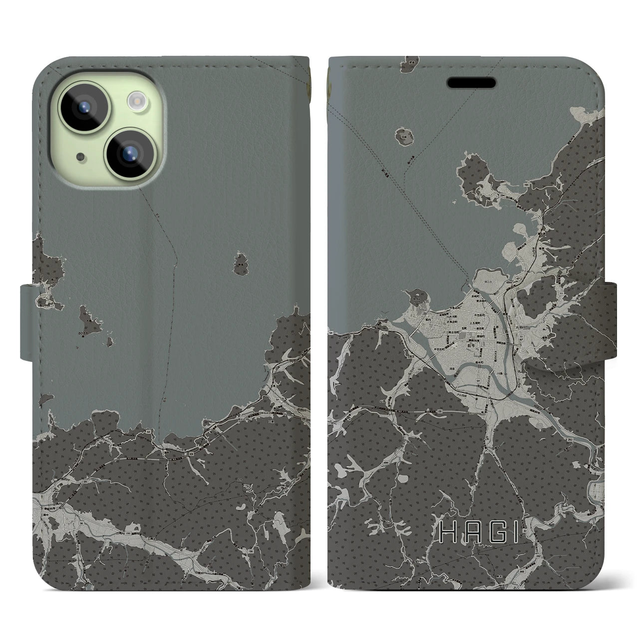 【萩(山口県)】地図柄iPhoneケース(手帳タイプ)モノトーン・iPhone 15 用