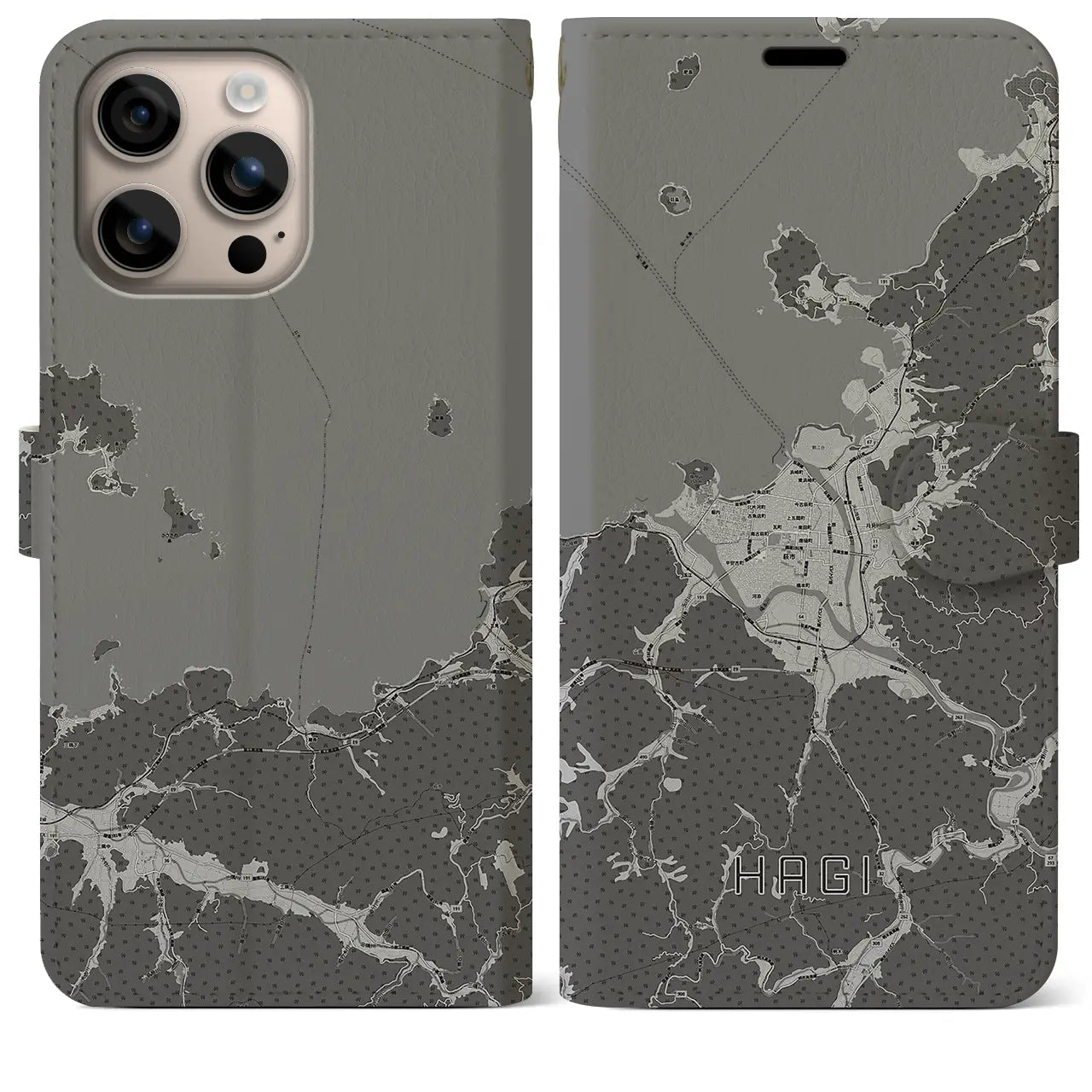 【萩(山口県)】地図柄iPhoneケース(手帳タイプ)モノトーン・iPhone 16 Plus 用