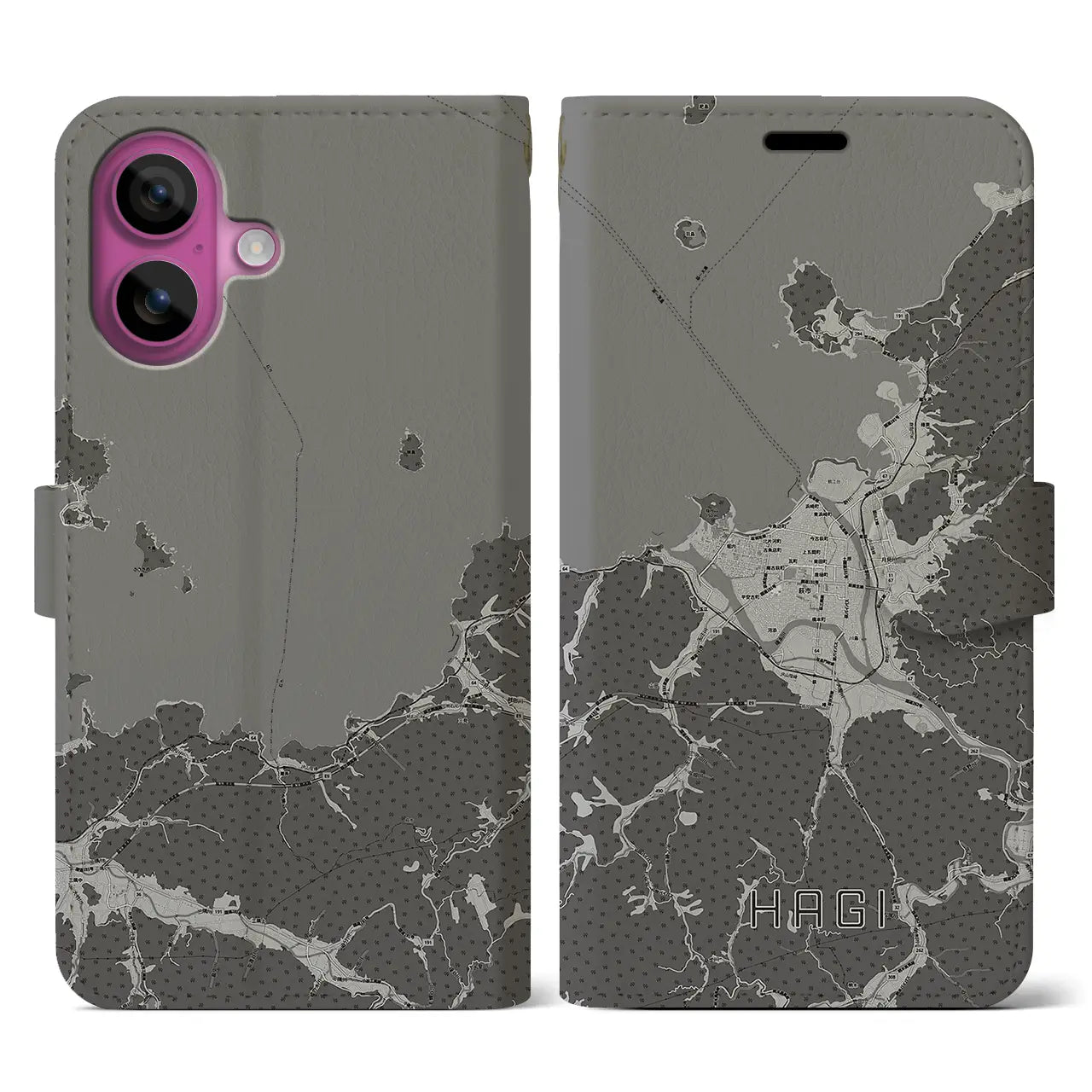 【萩(山口県)】地図柄iPhoneケース(手帳タイプ)モノトーン・iPhone 16 Pro 用