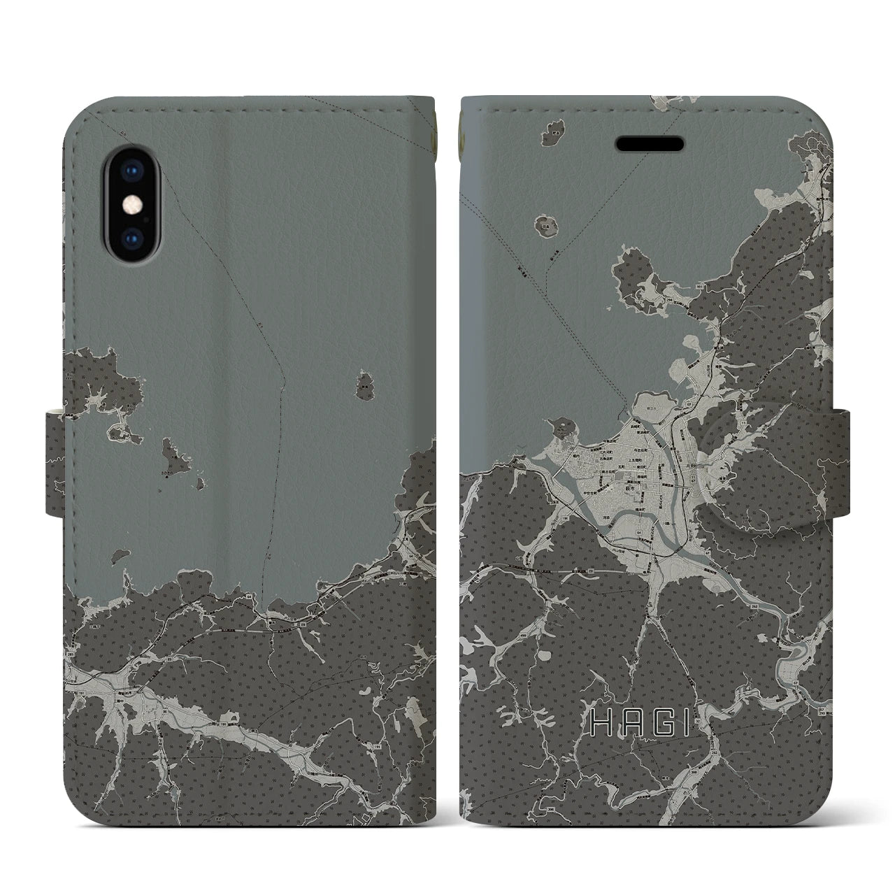 【萩(山口県)】地図柄iPhoneケース(手帳タイプ)モノトーン・iPhone XS / X 用