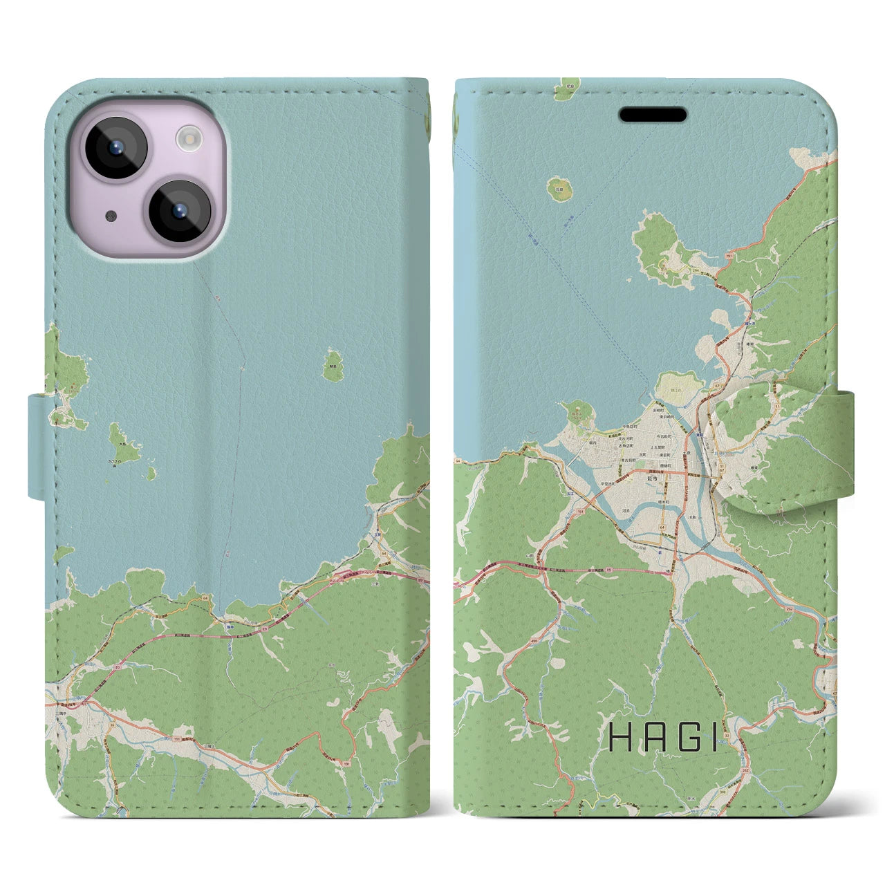 【萩(山口県)】地図柄iPhoneケース(手帳タイプ)ナチュラル・iPhone 14 用