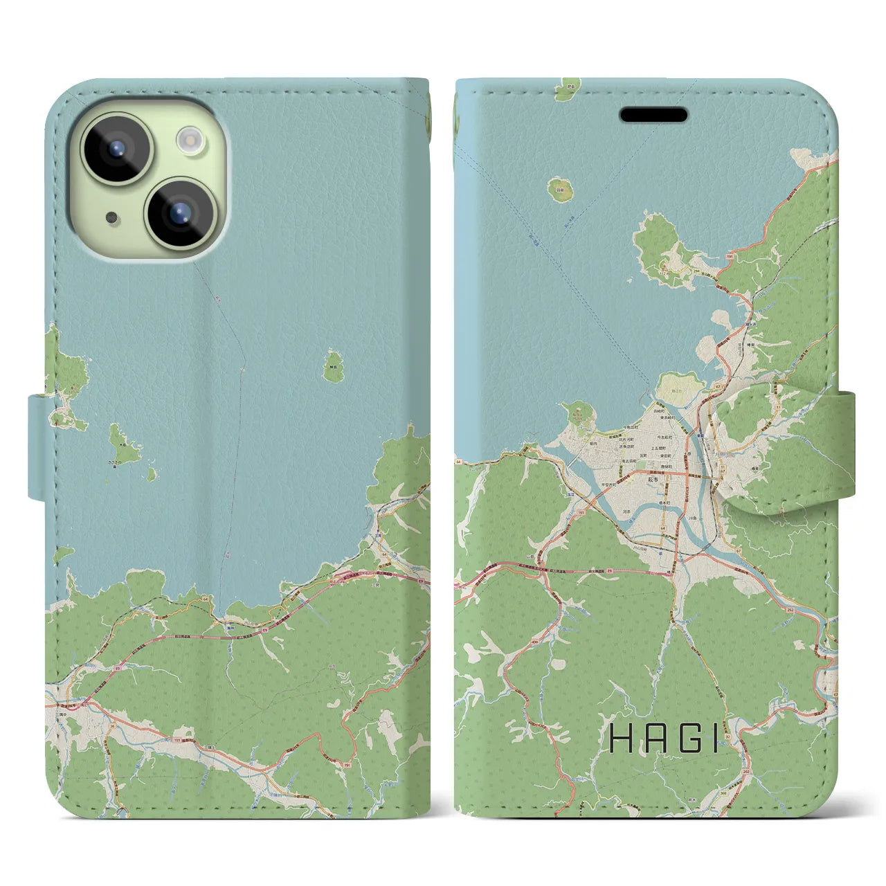 【萩(山口県)】地図柄iPhoneケース(手帳タイプ)ナチュラル・iPhone 15 用