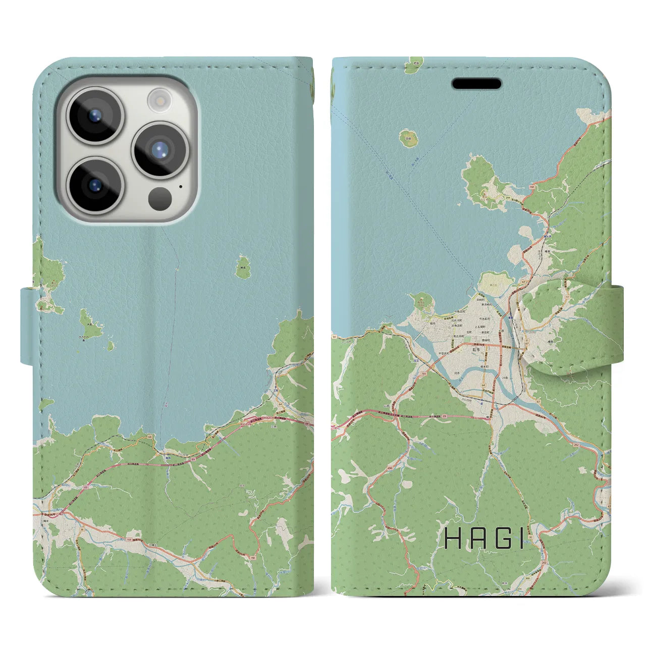 【萩(山口県)】地図柄iPhoneケース(手帳タイプ)ナチュラル・iPhone 15 Pro 用