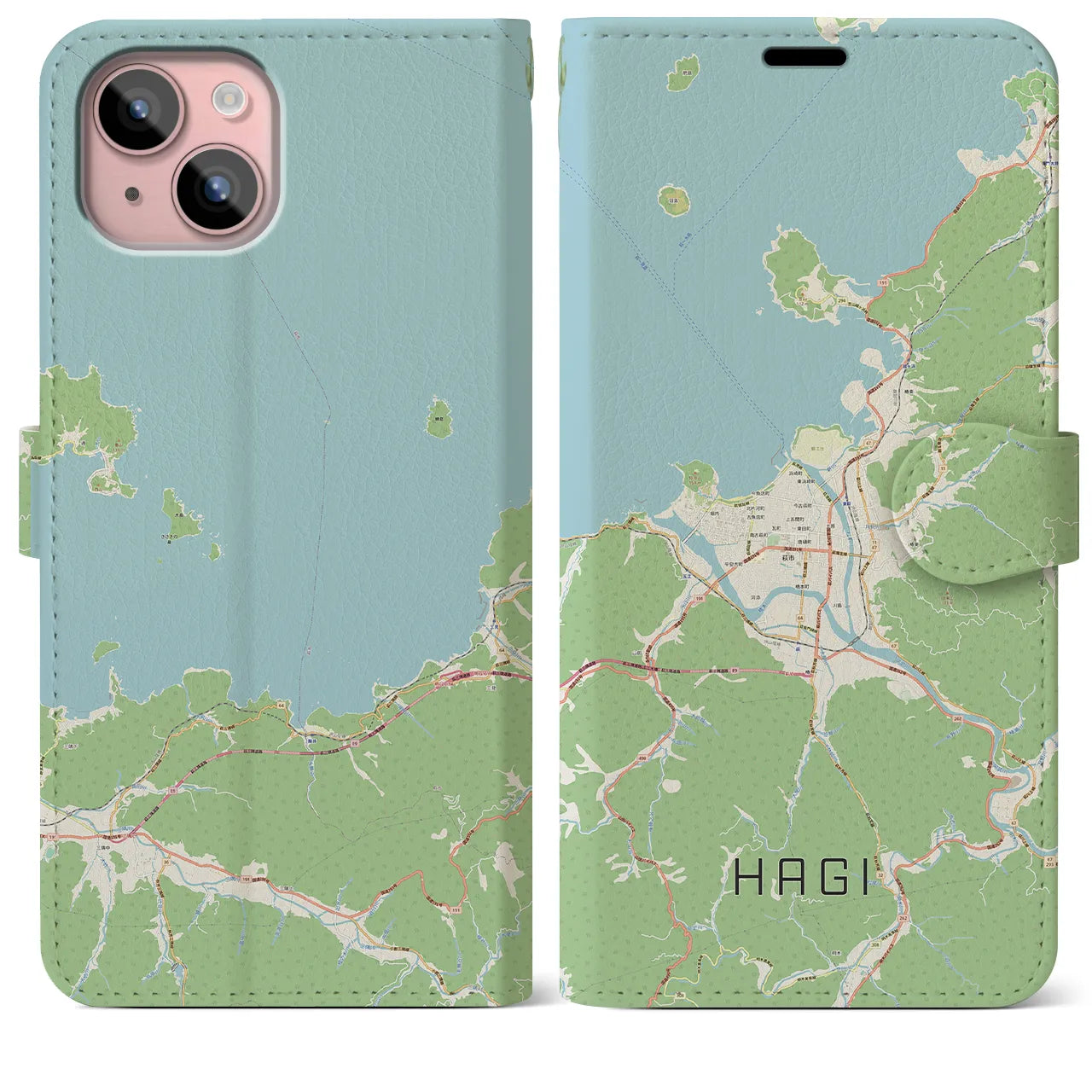 【萩(山口県)】地図柄iPhoneケース(手帳タイプ)ナチュラル・iPhone 15 Plus 用