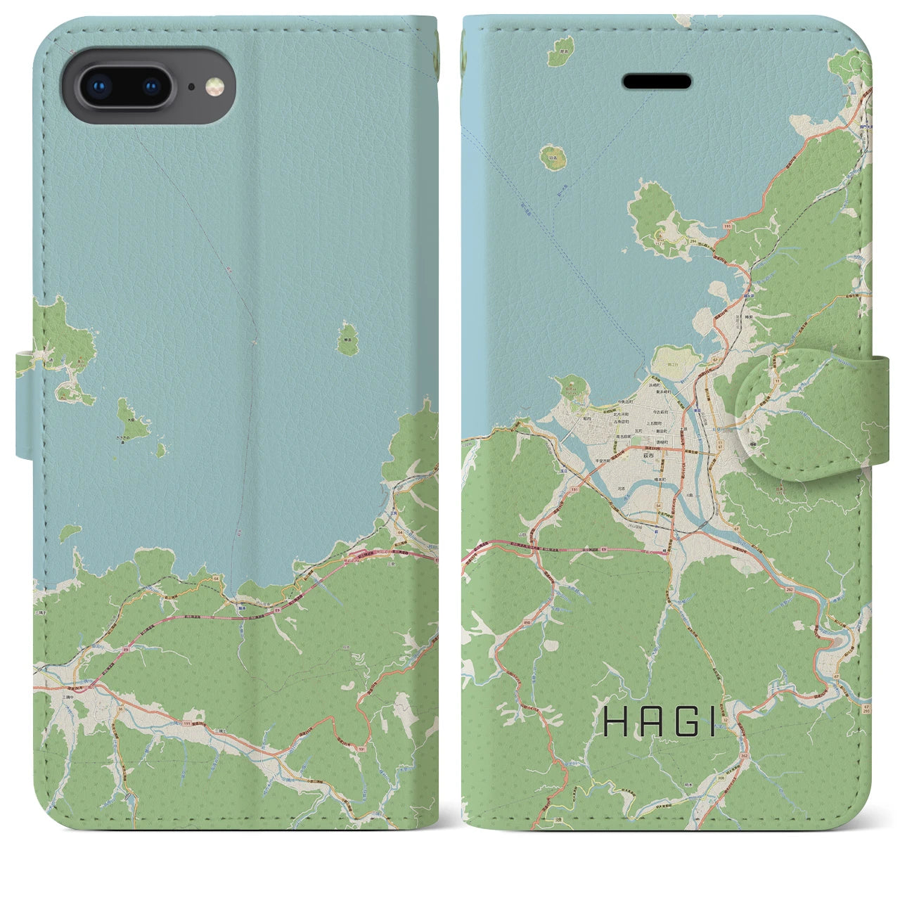【萩(山口県)】地図柄iPhoneケース(手帳タイプ)ナチュラル・iPhone 8Plus /7Plus / 6sPlus / 6Plus 用
