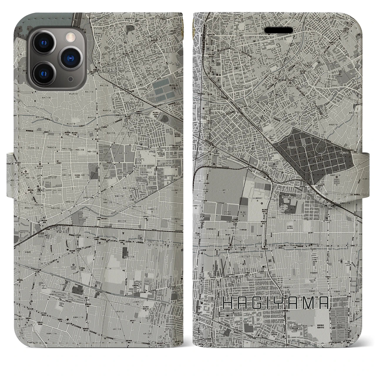 【萩山(東京都)】地図柄iPhoneケース(手帳タイプ)モノトーン・iPhone 11 Pro Max 用