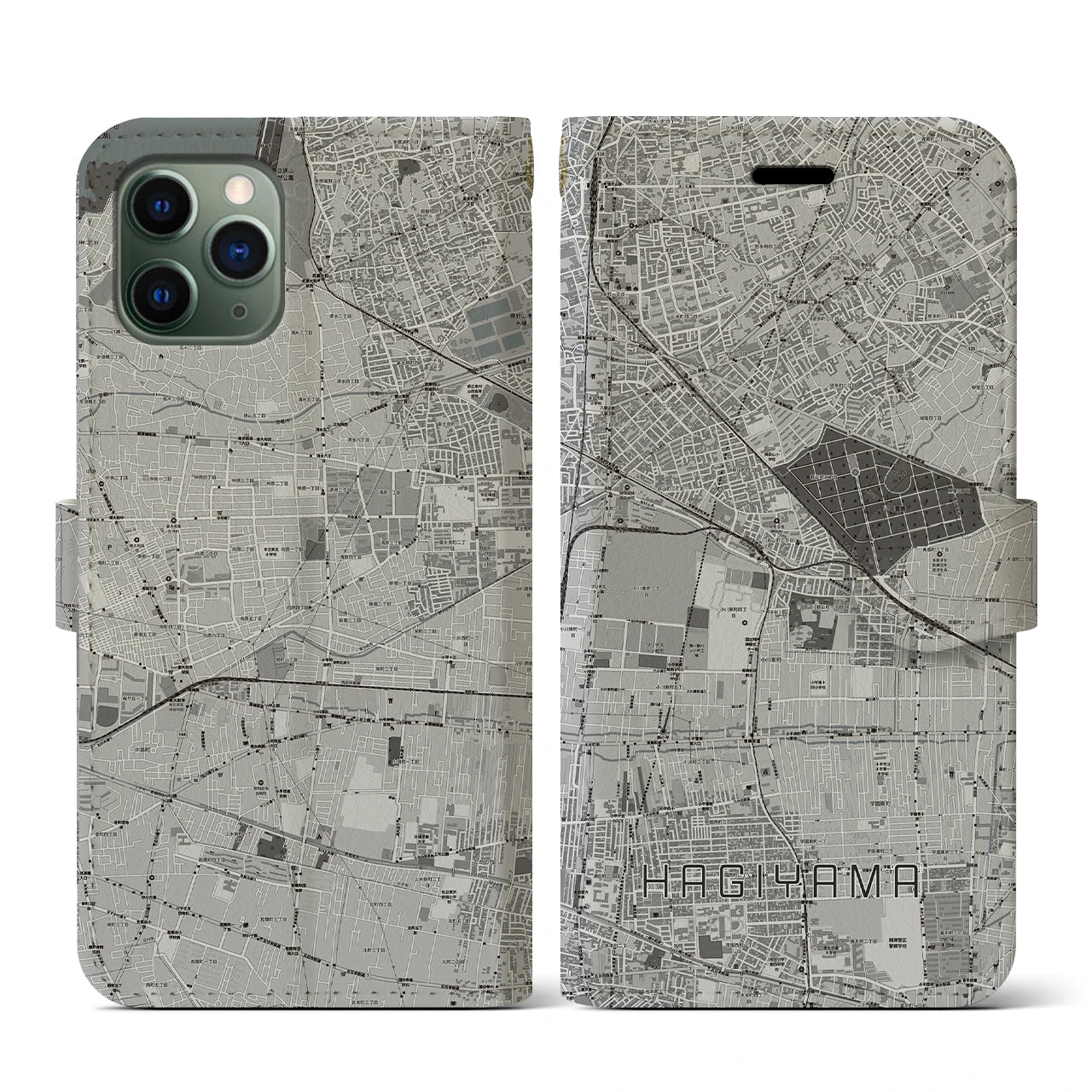 【萩山(東京都)】地図柄iPhoneケース(手帳タイプ)モノトーン・iPhone 11 Pro 用
