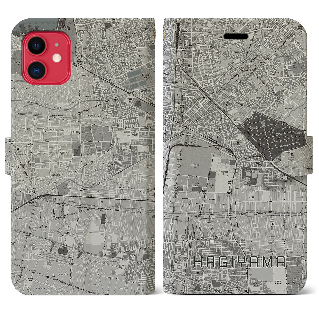 【萩山(東京都)】地図柄iPhoneケース(手帳タイプ)モノトーン・iPhone 11 用