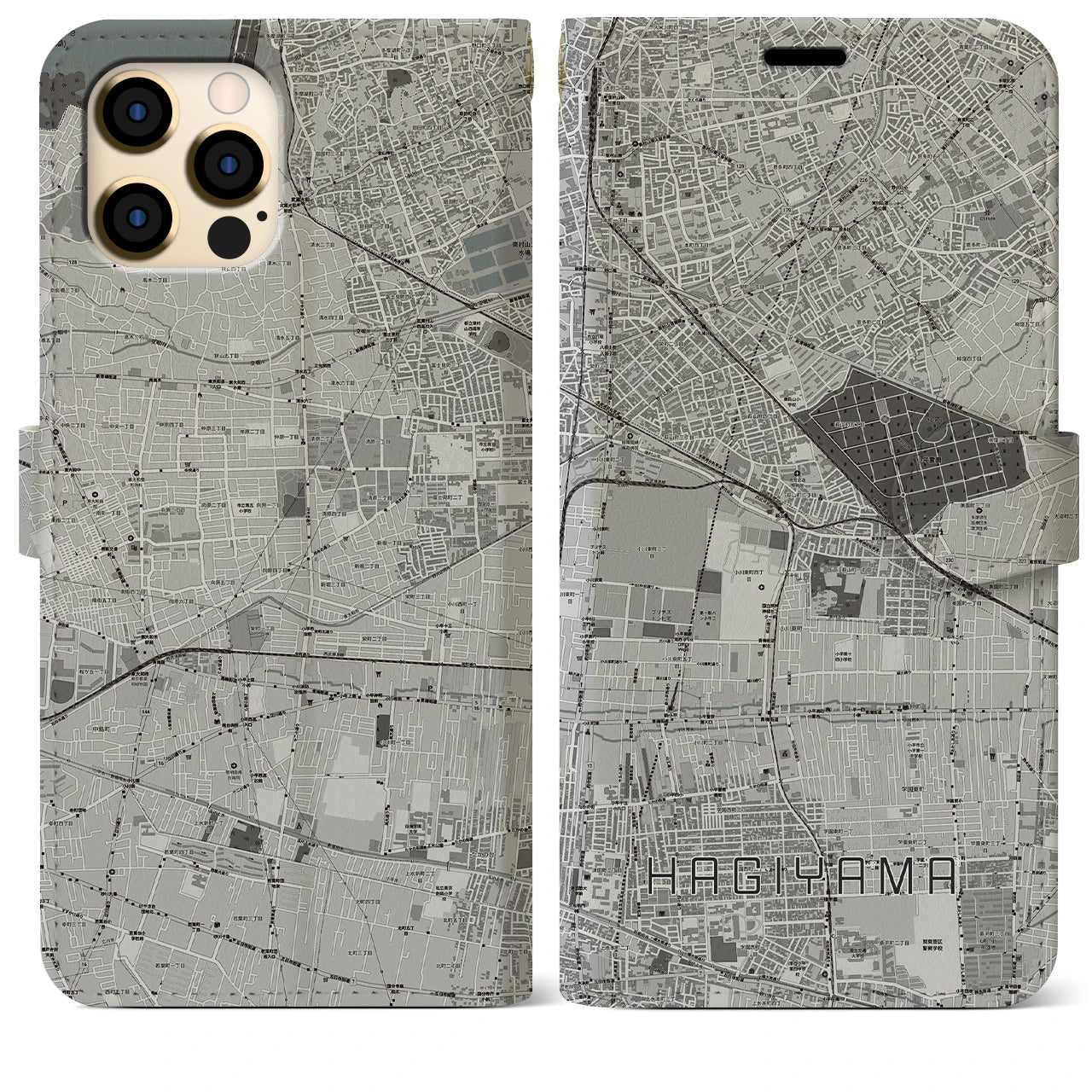 【萩山(東京都)】地図柄iPhoneケース(手帳タイプ)モノトーン・iPhone 12 Pro Max 用