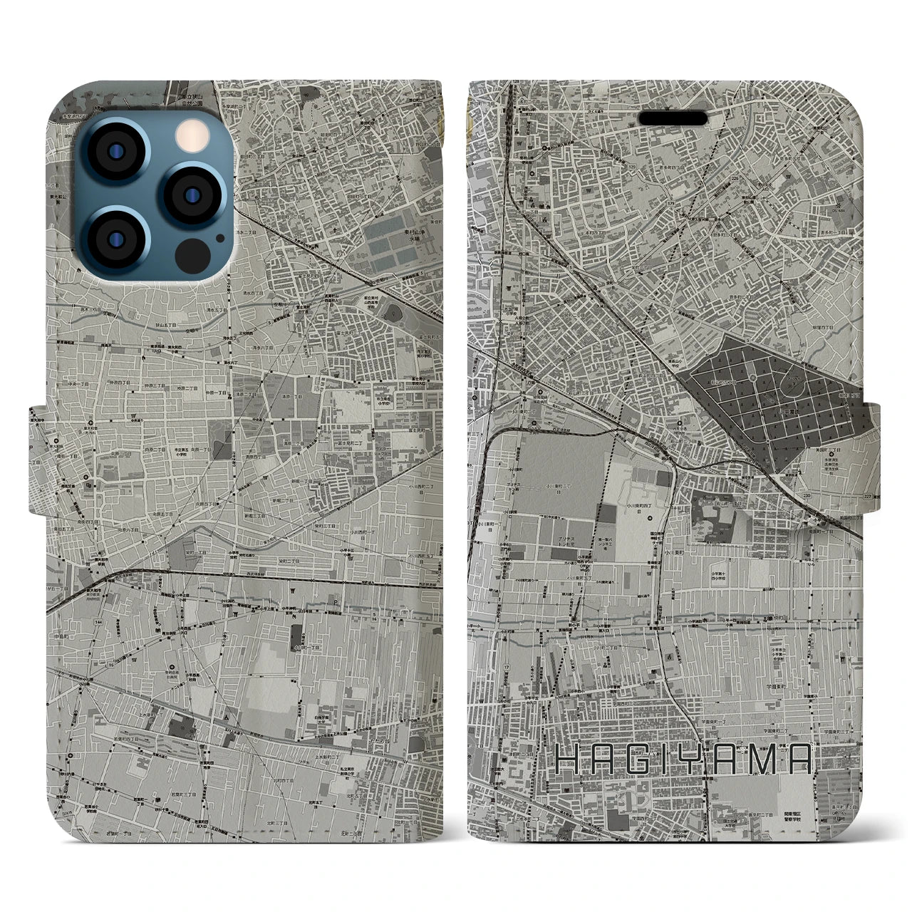 【萩山(東京都)】地図柄iPhoneケース(手帳タイプ)モノトーン・iPhone 12 / 12 Pro 用
