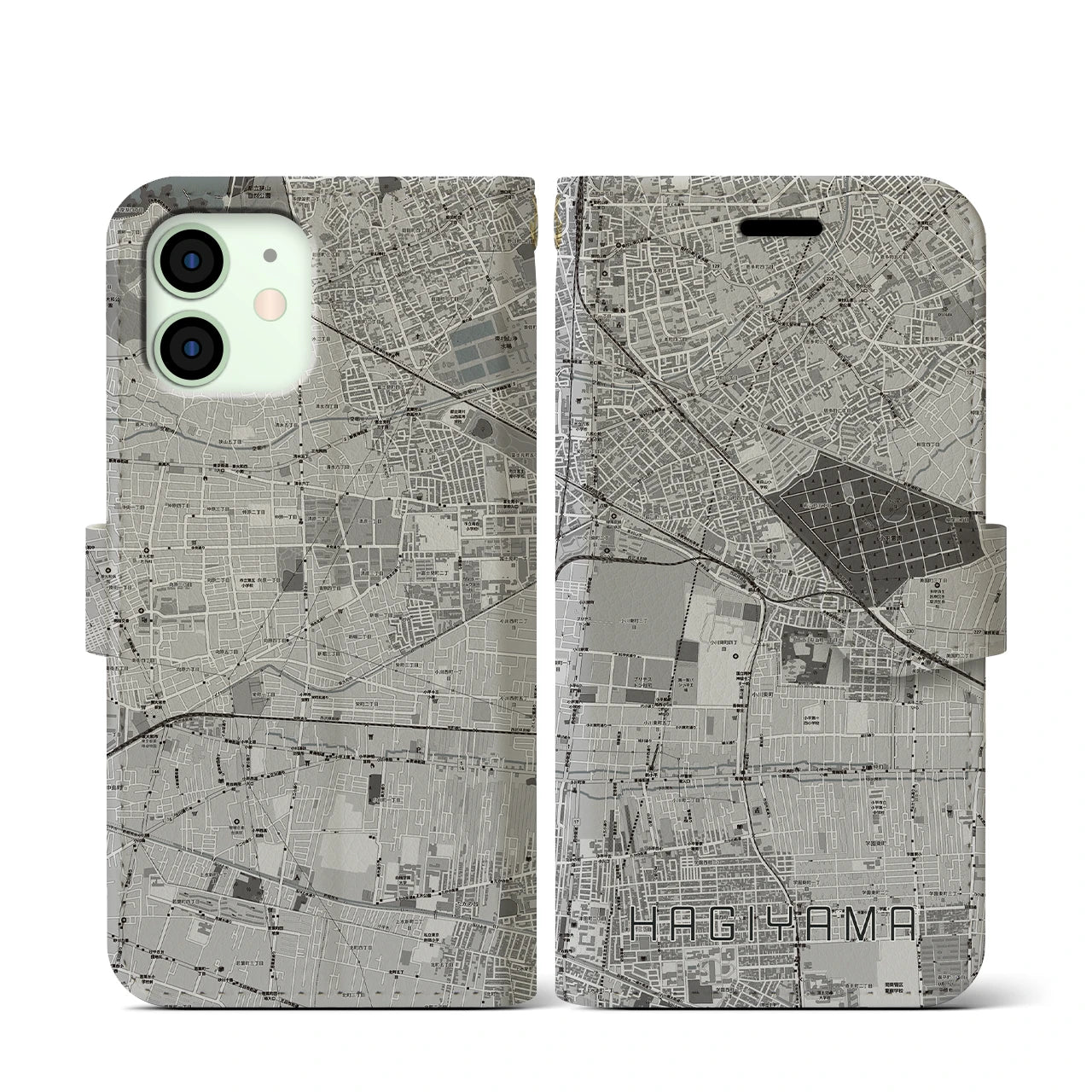 【萩山(東京都)】地図柄iPhoneケース(手帳タイプ)モノトーン・iPhone 12 mini 用