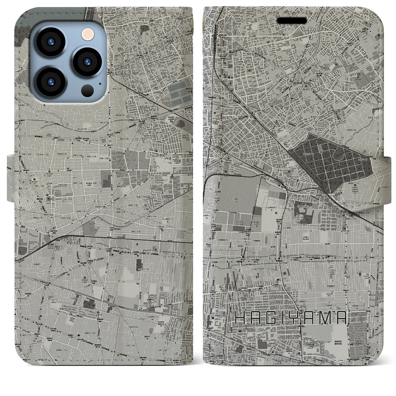 【萩山(東京都)】地図柄iPhoneケース(手帳タイプ)モノトーン・iPhone 13 Pro Max 用