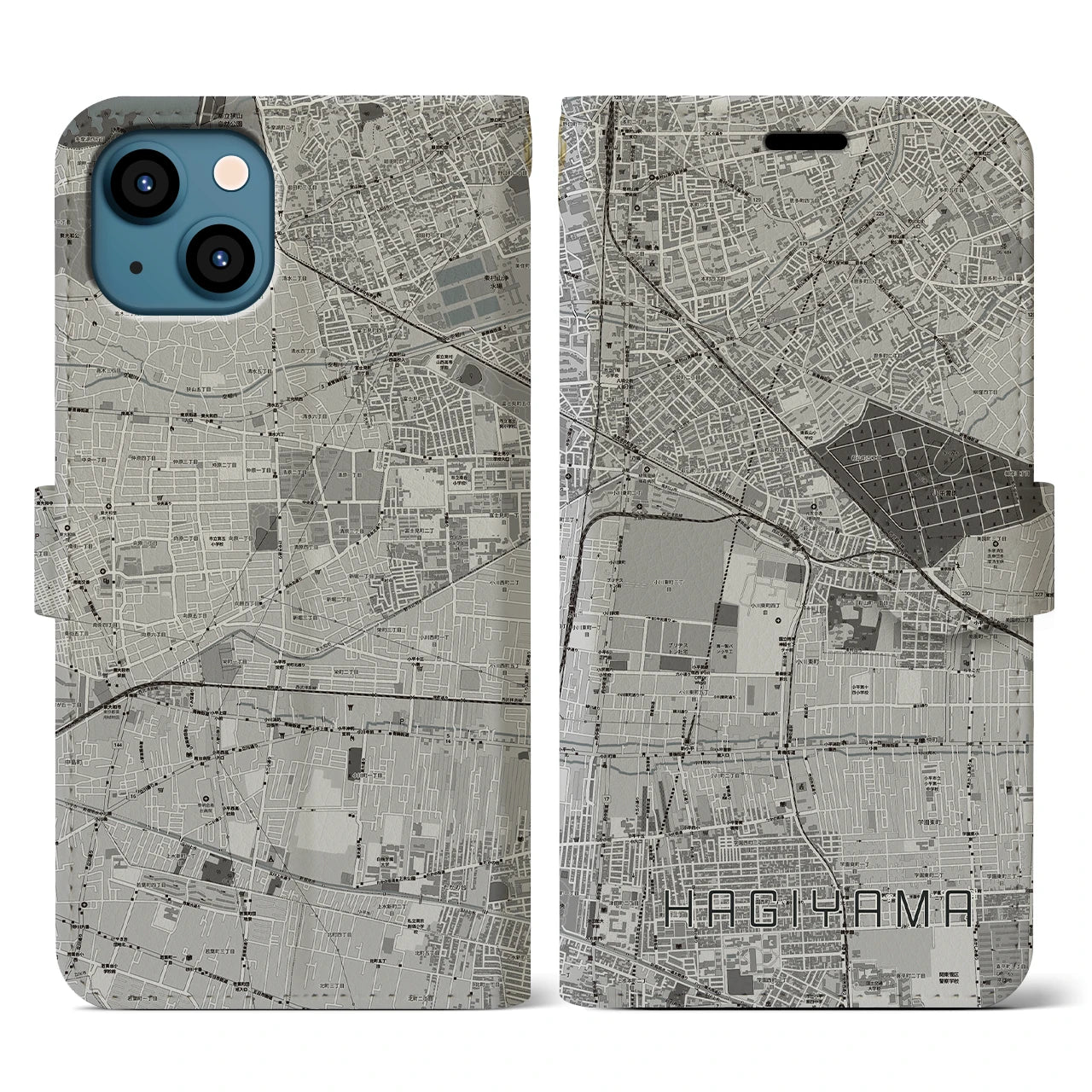 【萩山(東京都)】地図柄iPhoneケース(手帳タイプ)モノトーン・iPhone 13 用