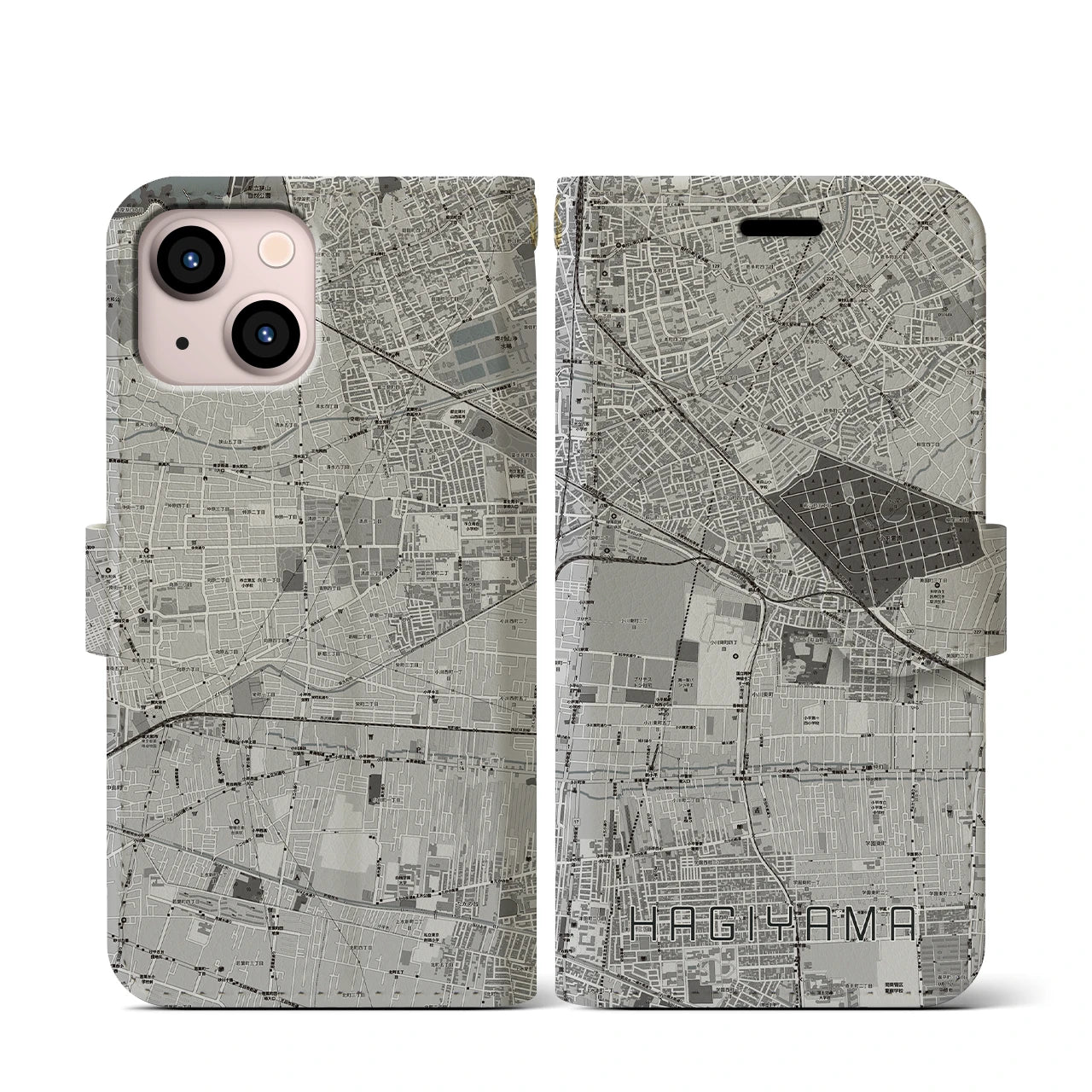 【萩山(東京都)】地図柄iPhoneケース(手帳タイプ)モノトーン・iPhone 13 mini 用