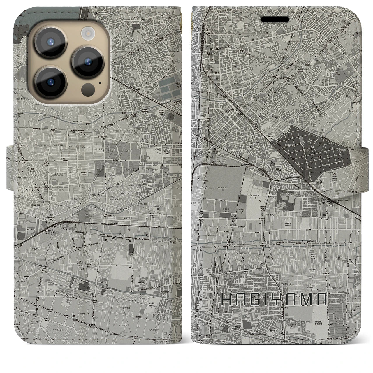 【萩山(東京都)】地図柄iPhoneケース(手帳タイプ)モノトーン・iPhone 14 Pro Max 用