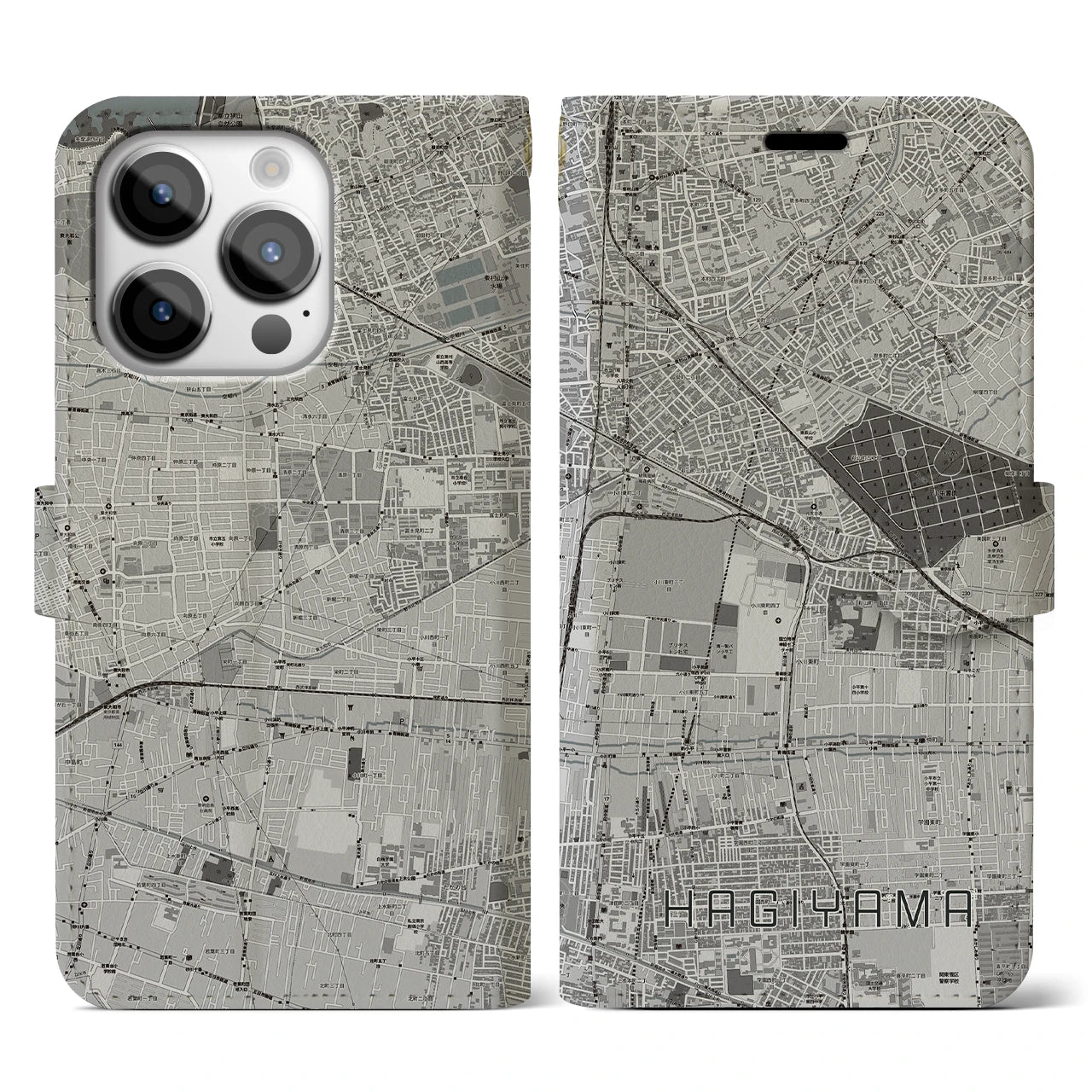【萩山(東京都)】地図柄iPhoneケース(手帳タイプ)モノトーン・iPhone 14 Pro 用