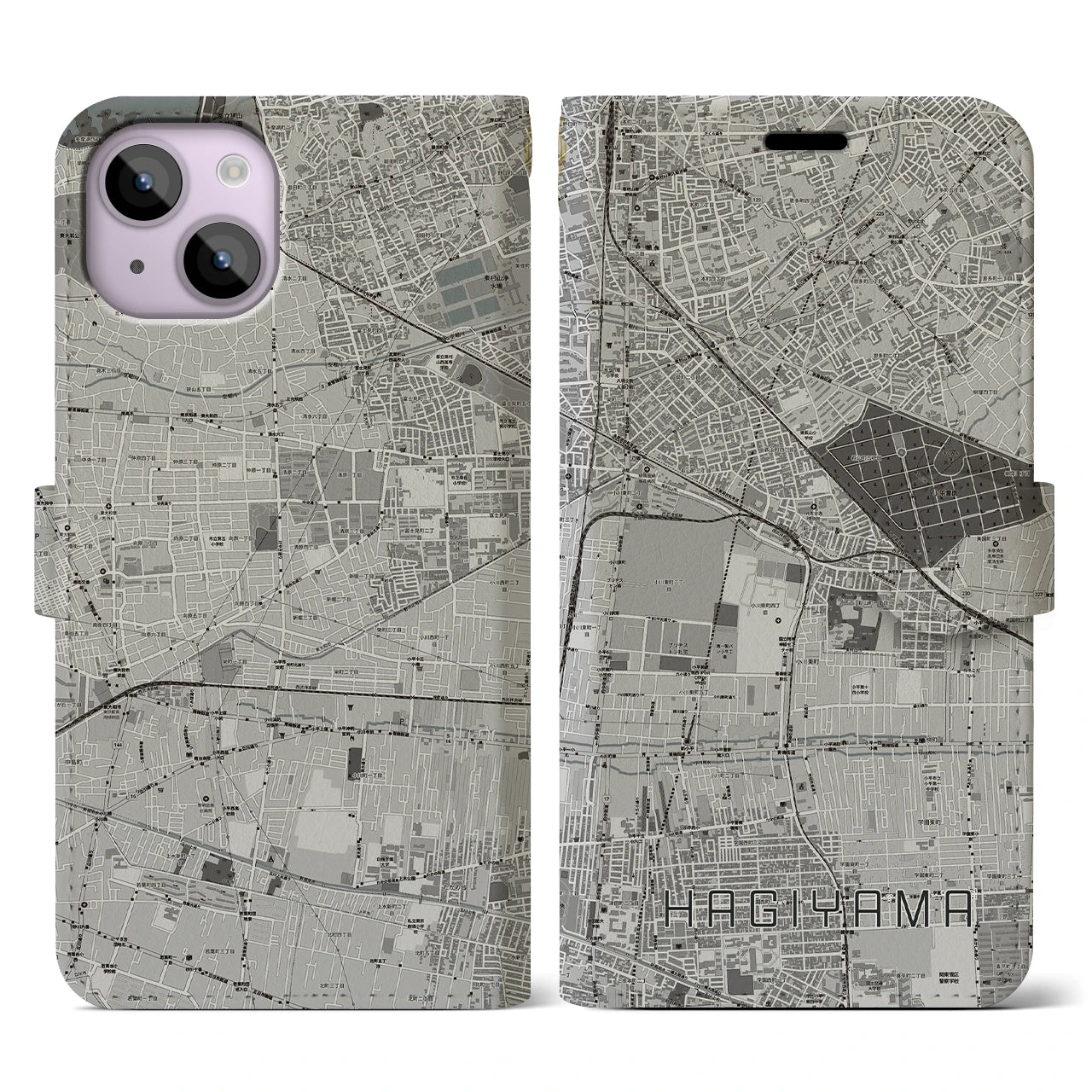 【萩山(東京都)】地図柄iPhoneケース(手帳タイプ)モノトーン・iPhone 14 用