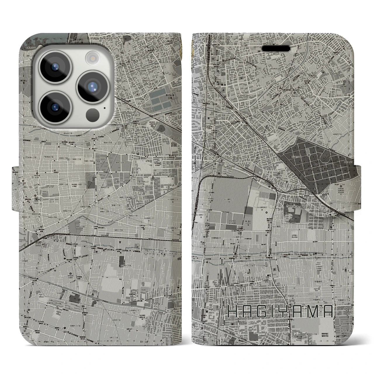 【萩山(東京都)】地図柄iPhoneケース(手帳タイプ)モノトーン・iPhone 15 Pro 用