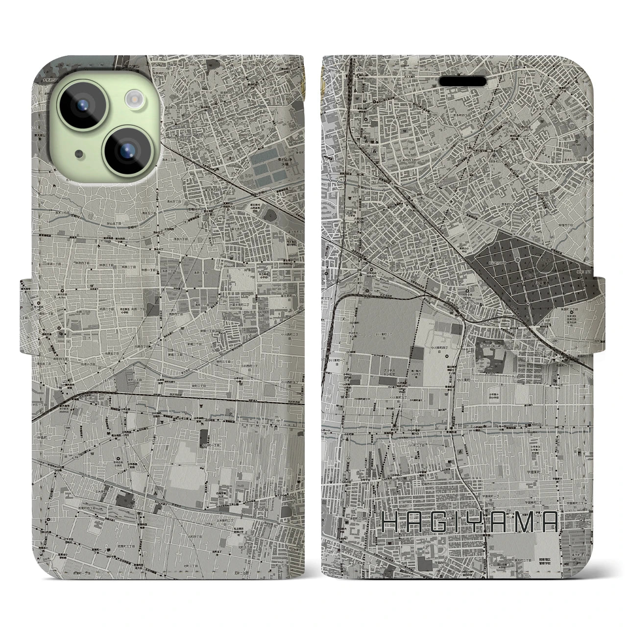 【萩山(東京都)】地図柄iPhoneケース(手帳タイプ)モノトーン・iPhone 15 用
