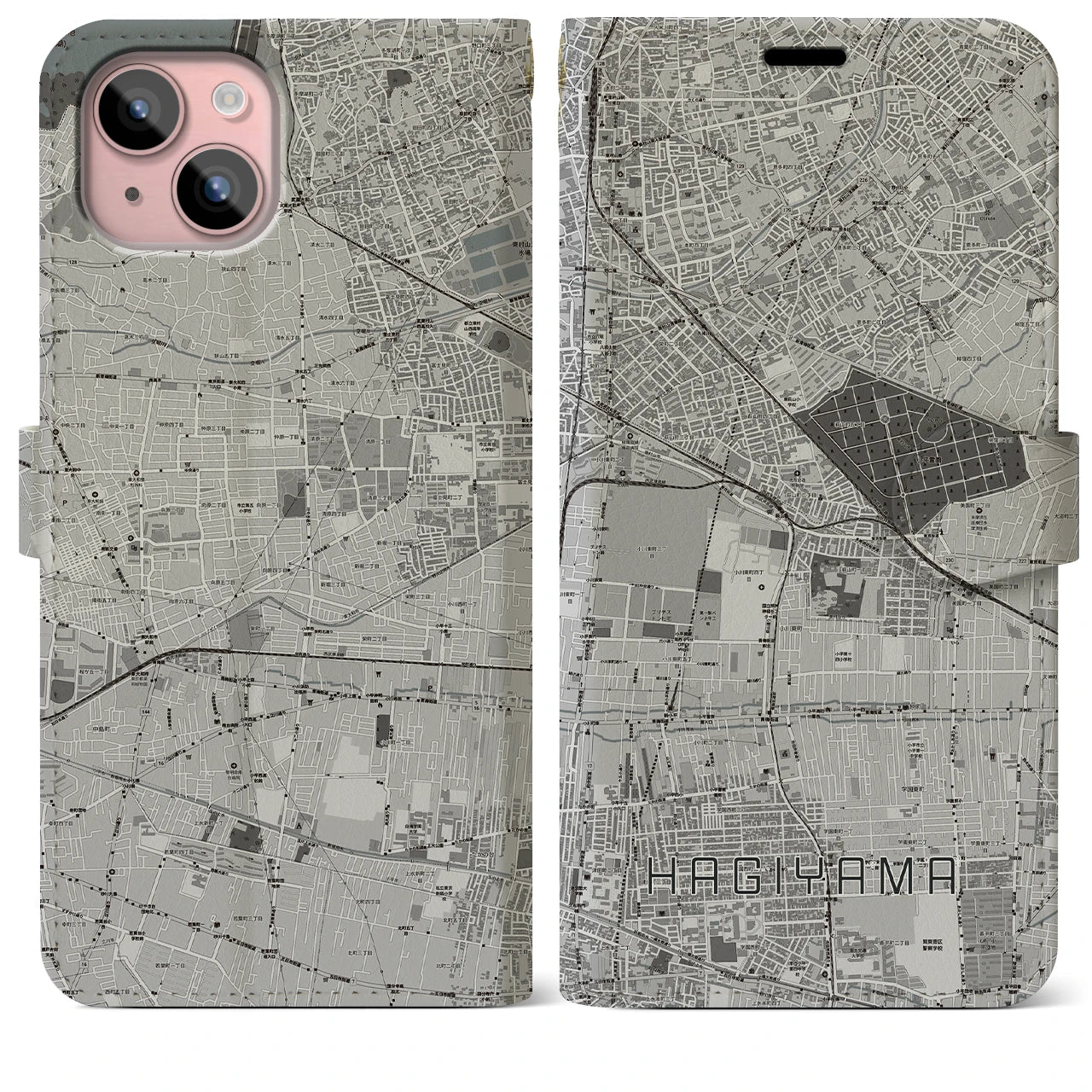 【萩山(東京都)】地図柄iPhoneケース(手帳タイプ)モノトーン・iPhone 15 Plus 用