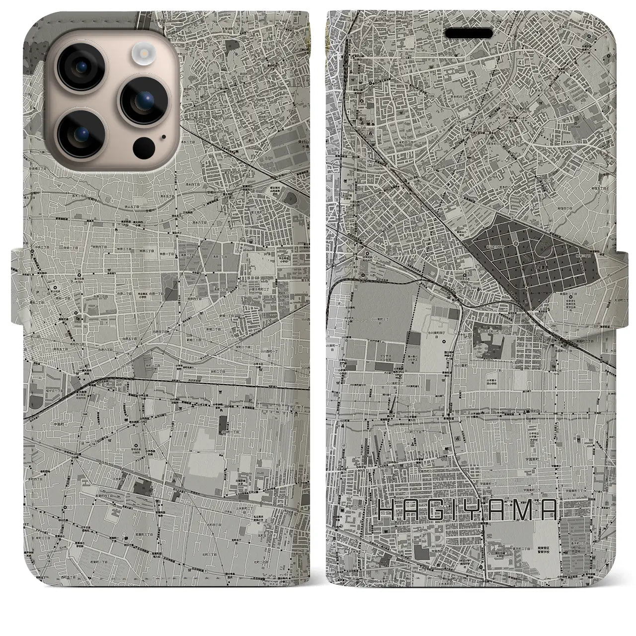 【萩山(東京都)】地図柄iPhoneケース(手帳タイプ)モノトーン・iPhone 16 Plus 用