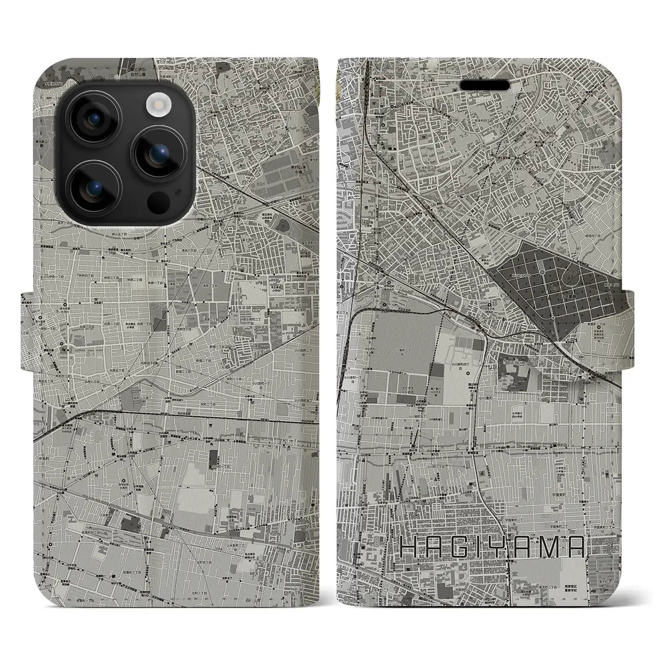 【萩山(東京都)】地図柄iPhoneケース(手帳タイプ)モノトーン・iPhone 16 用