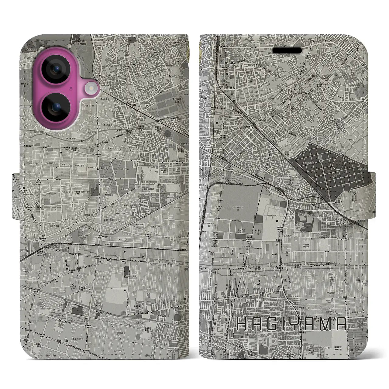 【萩山(東京都)】地図柄iPhoneケース(手帳タイプ)モノトーン・iPhone 16 Pro 用