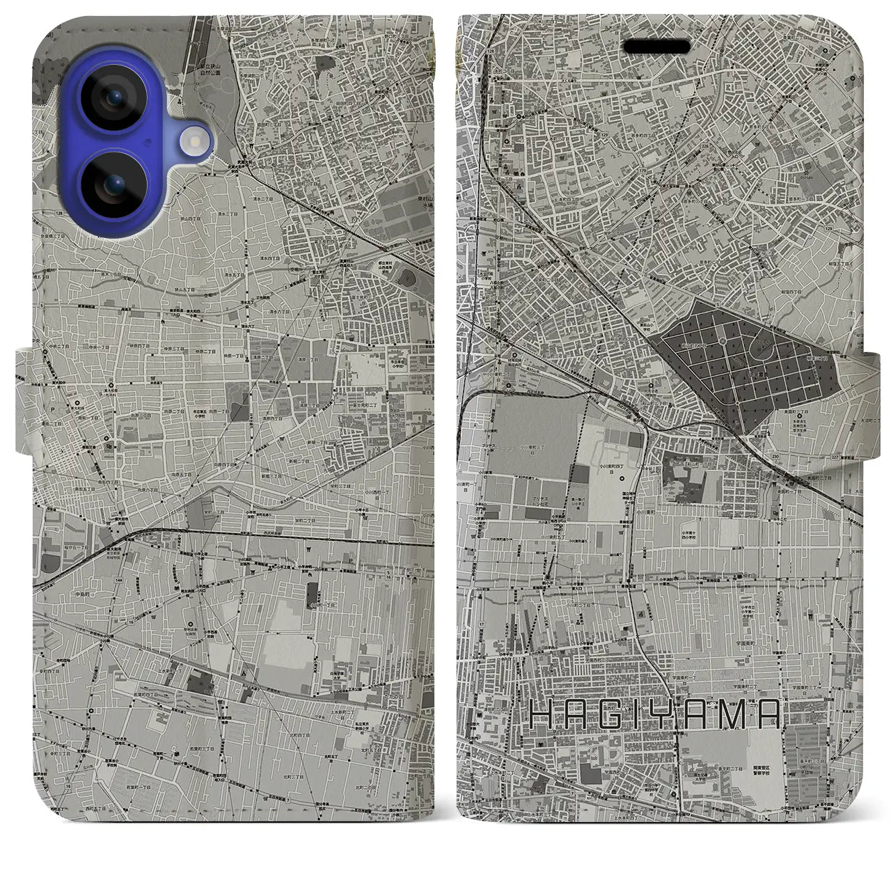 【萩山(東京都)】地図柄iPhoneケース(手帳タイプ)モノトーン・iPhone 16 Pro Max 用