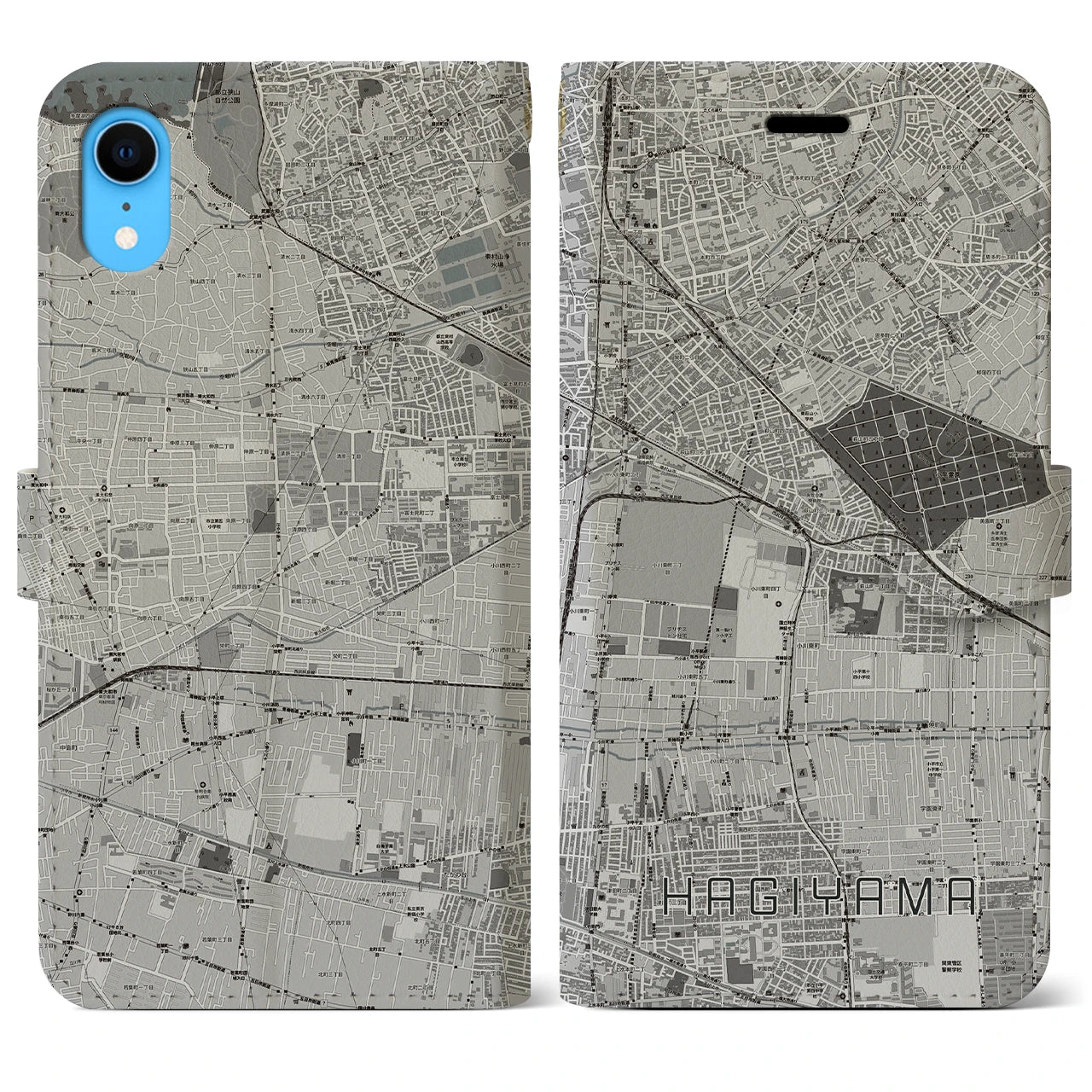 【萩山(東京都)】地図柄iPhoneケース(手帳タイプ)モノトーン・iPhone XR 用