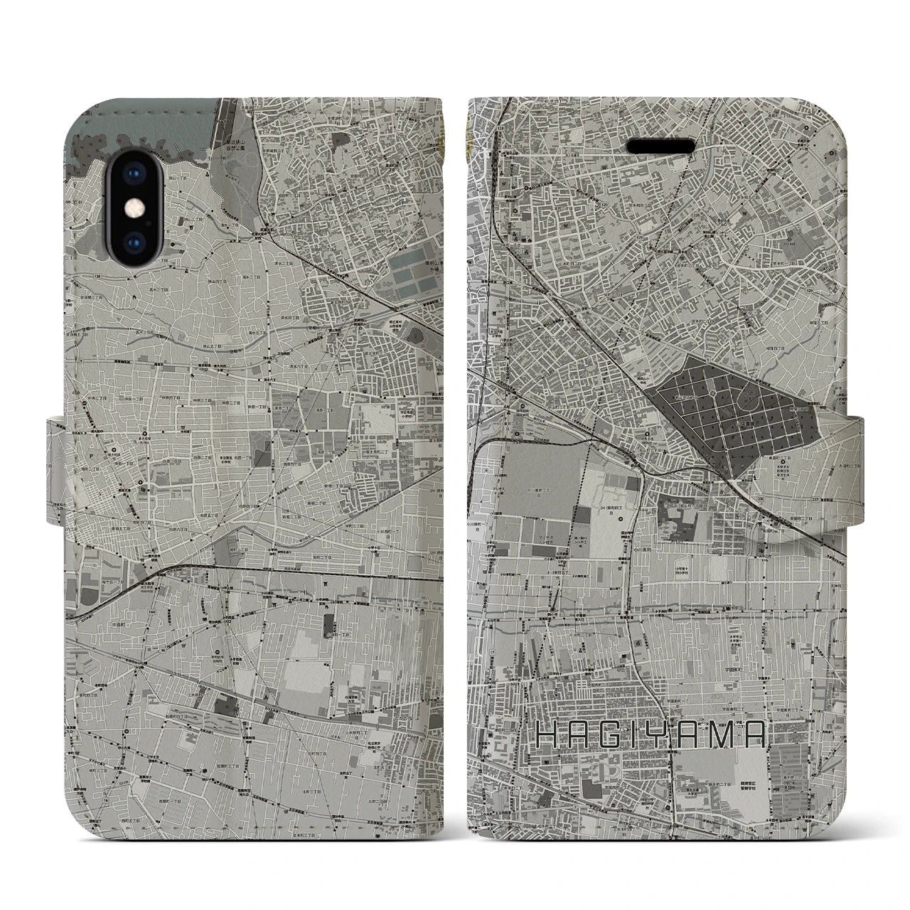 【萩山(東京都)】地図柄iPhoneケース(手帳タイプ)モノトーン・iPhone XS / X 用