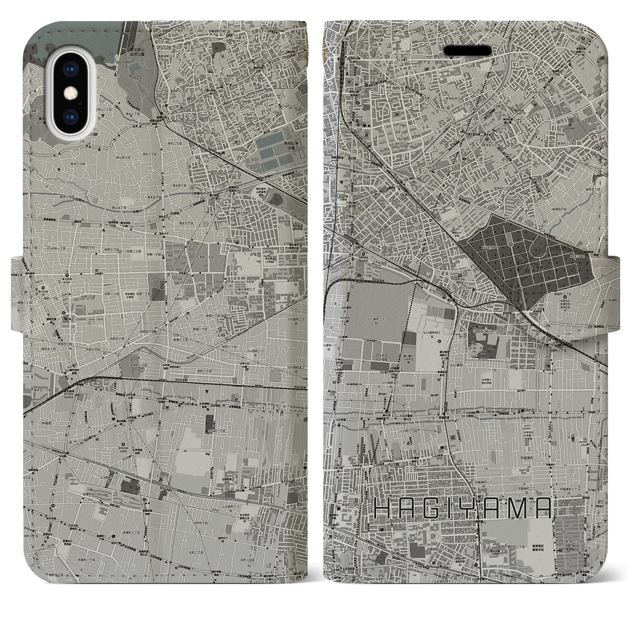 【萩山(東京都)】地図柄iPhoneケース(手帳タイプ)モノトーン・iPhone XS Max 用