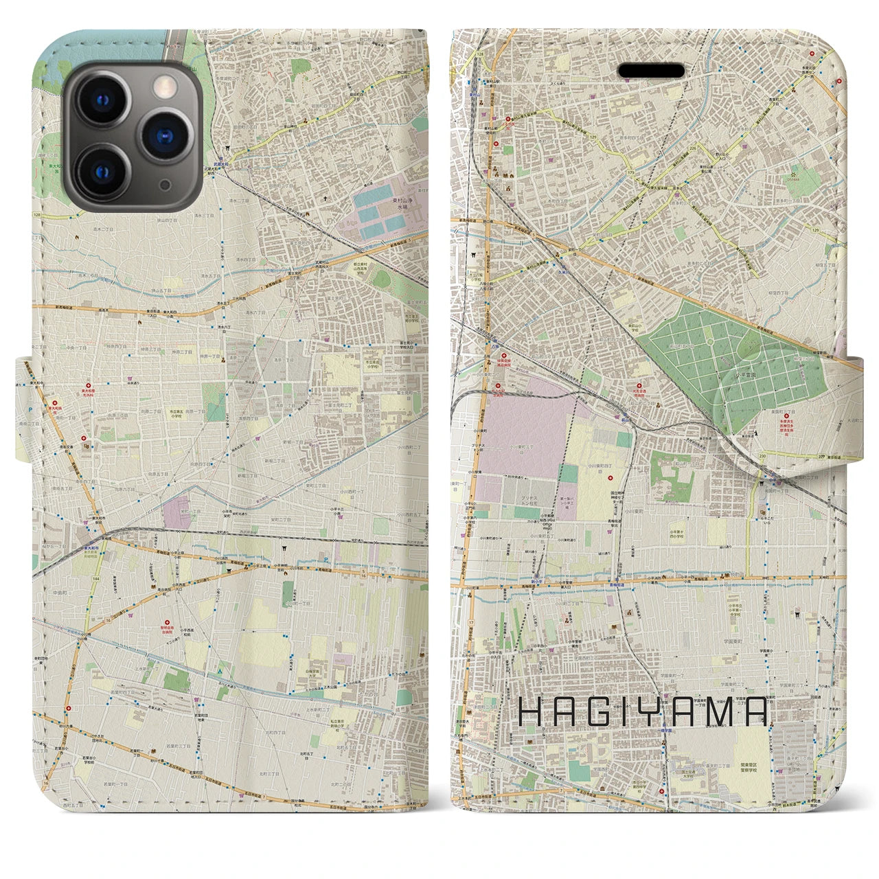 【萩山(東京都)】地図柄iPhoneケース(手帳タイプ)ナチュラル・iPhone 11 Pro Max 用