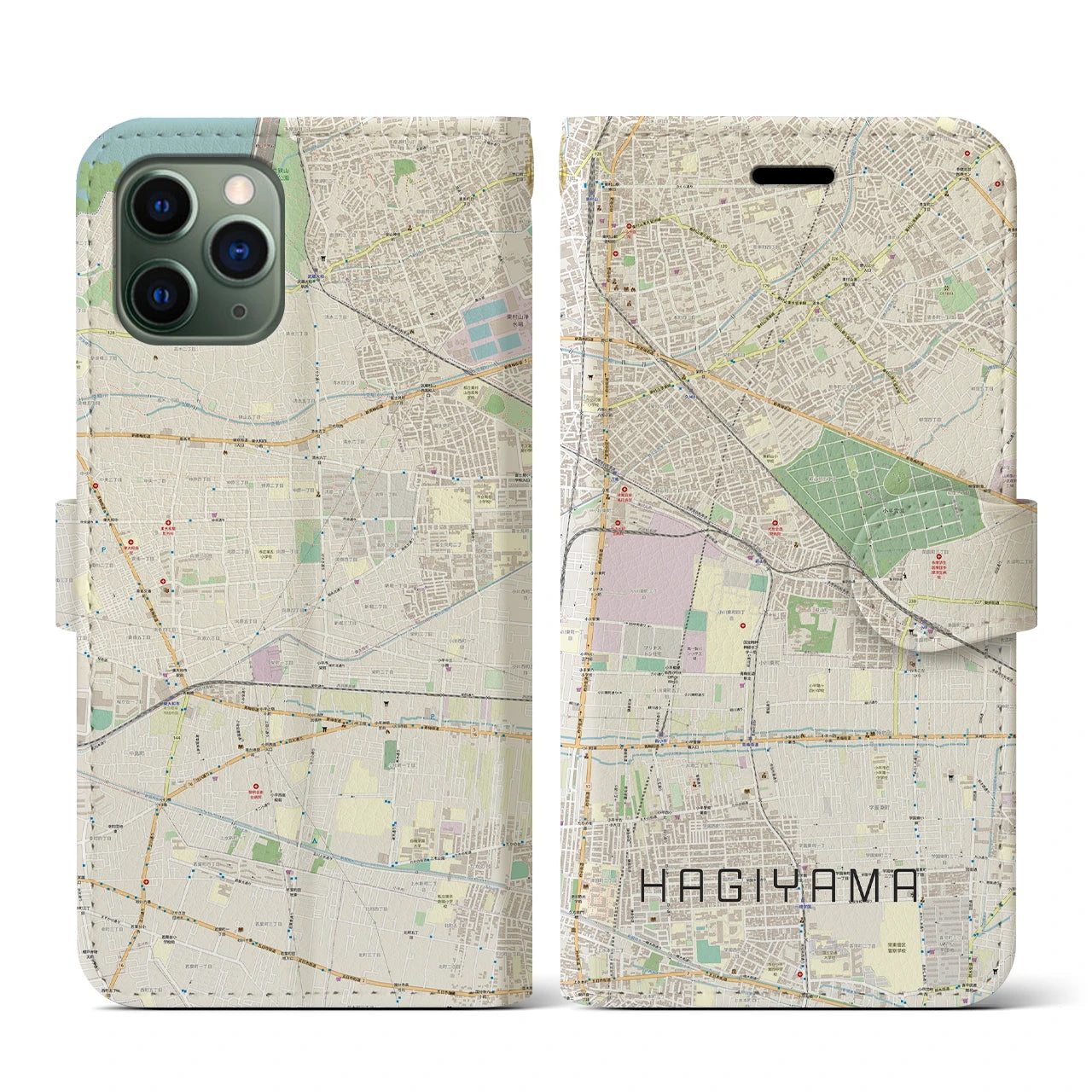 【萩山(東京都)】地図柄iPhoneケース(手帳タイプ)ナチュラル・iPhone 11 Pro 用