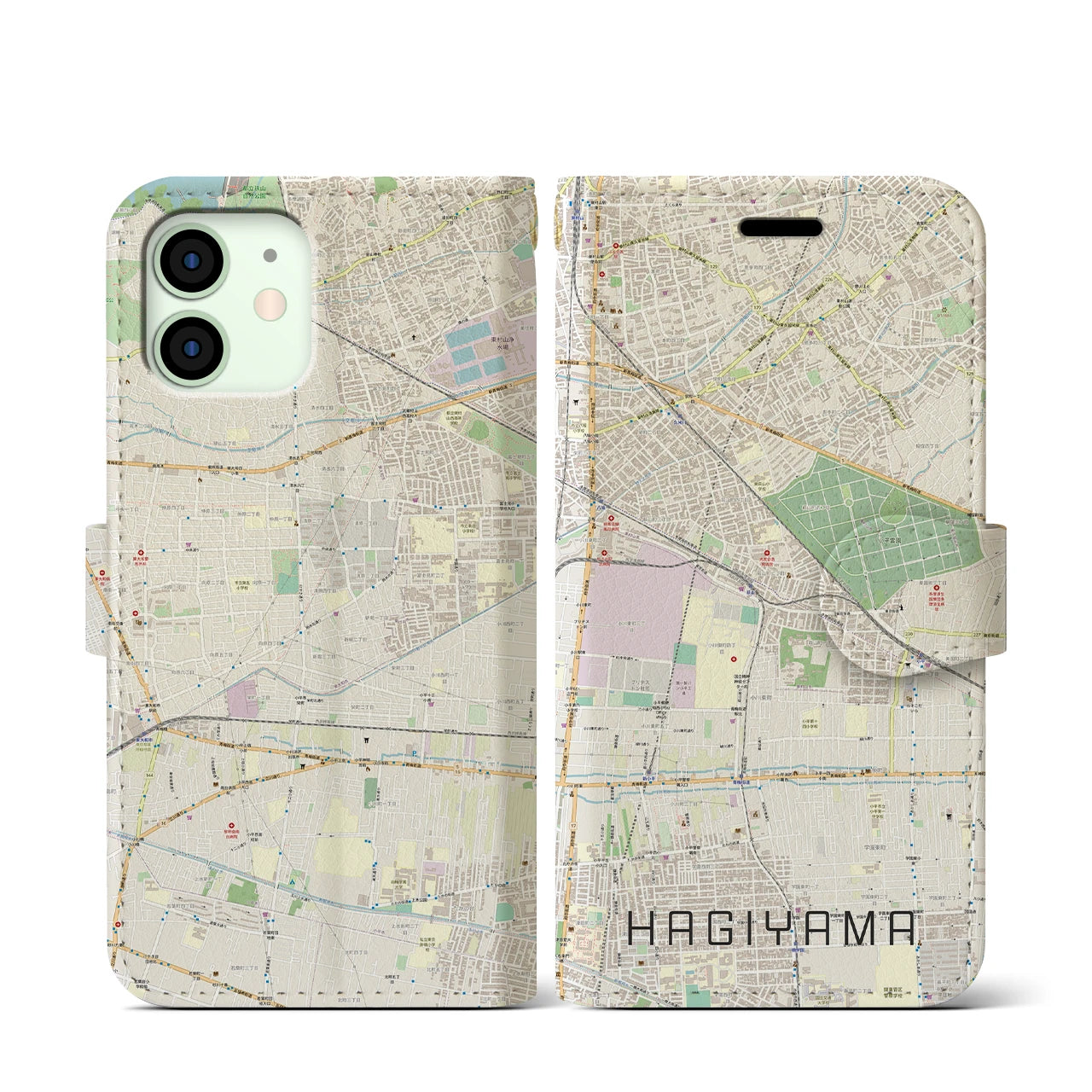 【萩山(東京都)】地図柄iPhoneケース(手帳タイプ)ナチュラル・iPhone 12 mini 用