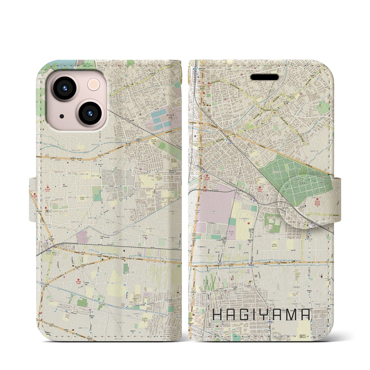 【萩山(東京都)】地図柄iPhoneケース(手帳タイプ)ナチュラル・iPhone 13 mini 用