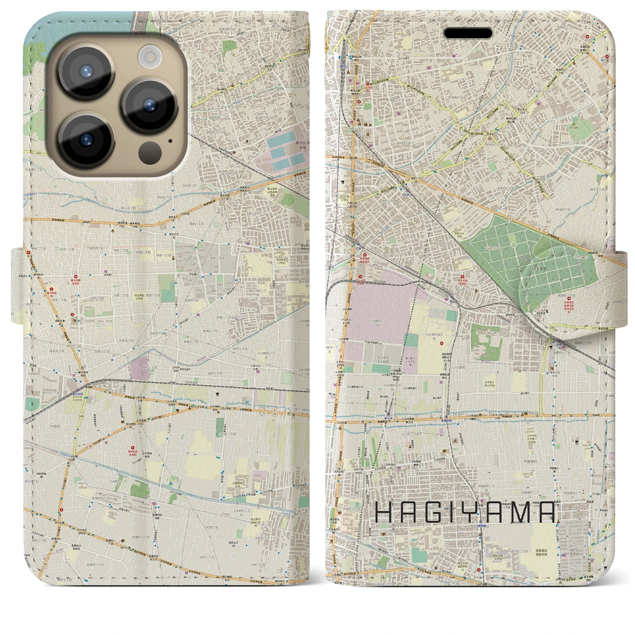 【萩山(東京都)】地図柄iPhoneケース(手帳タイプ)ナチュラル・iPhone 14 Pro Max 用