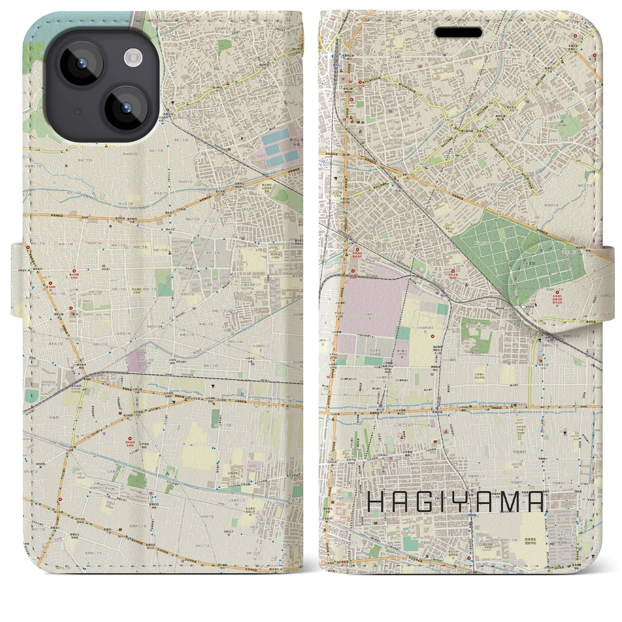 【萩山(東京都)】地図柄iPhoneケース(手帳タイプ)ナチュラル・iPhone 14 Plus 用