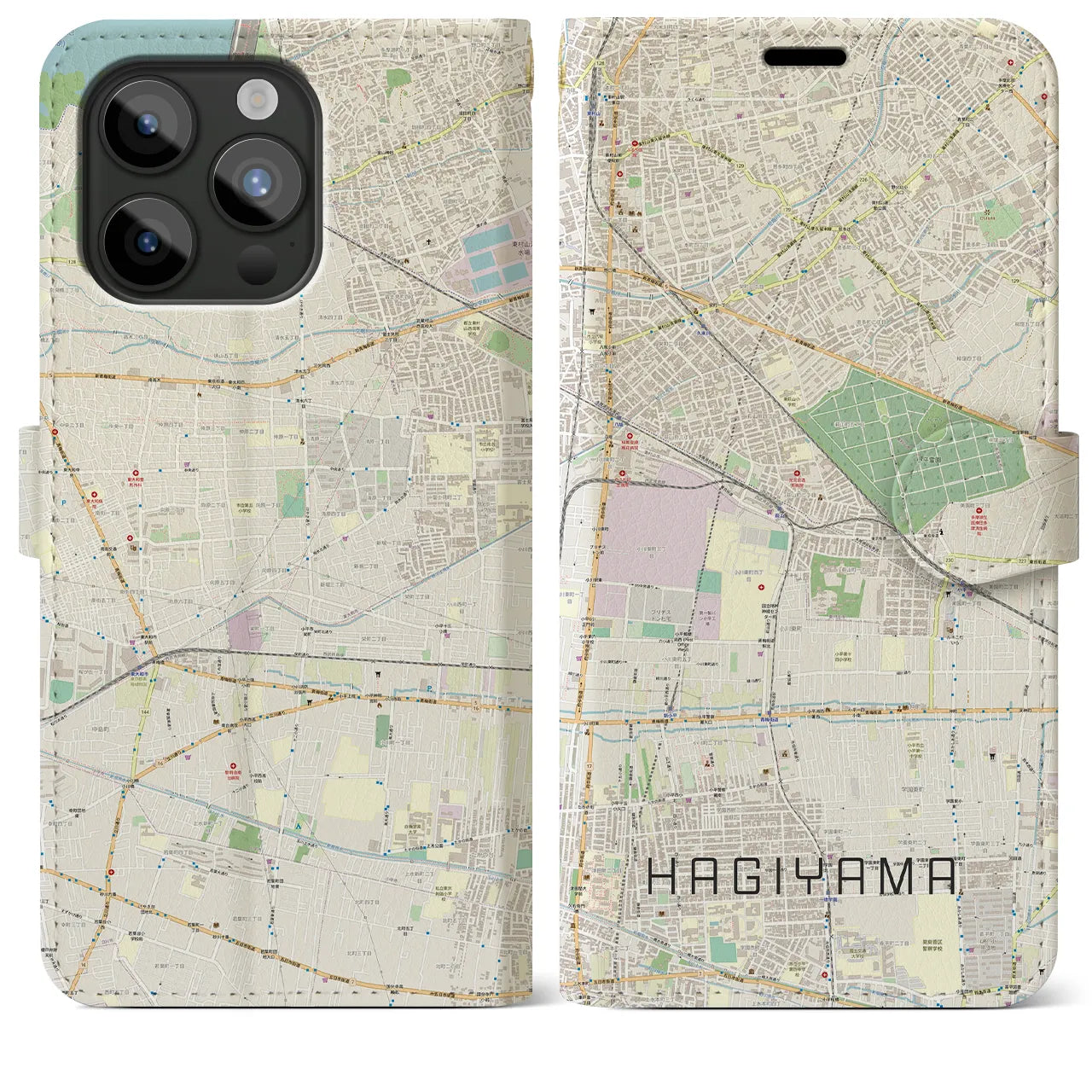 【萩山(東京都)】地図柄iPhoneケース(手帳タイプ)ナチュラル・iPhone 15 Pro Max 用