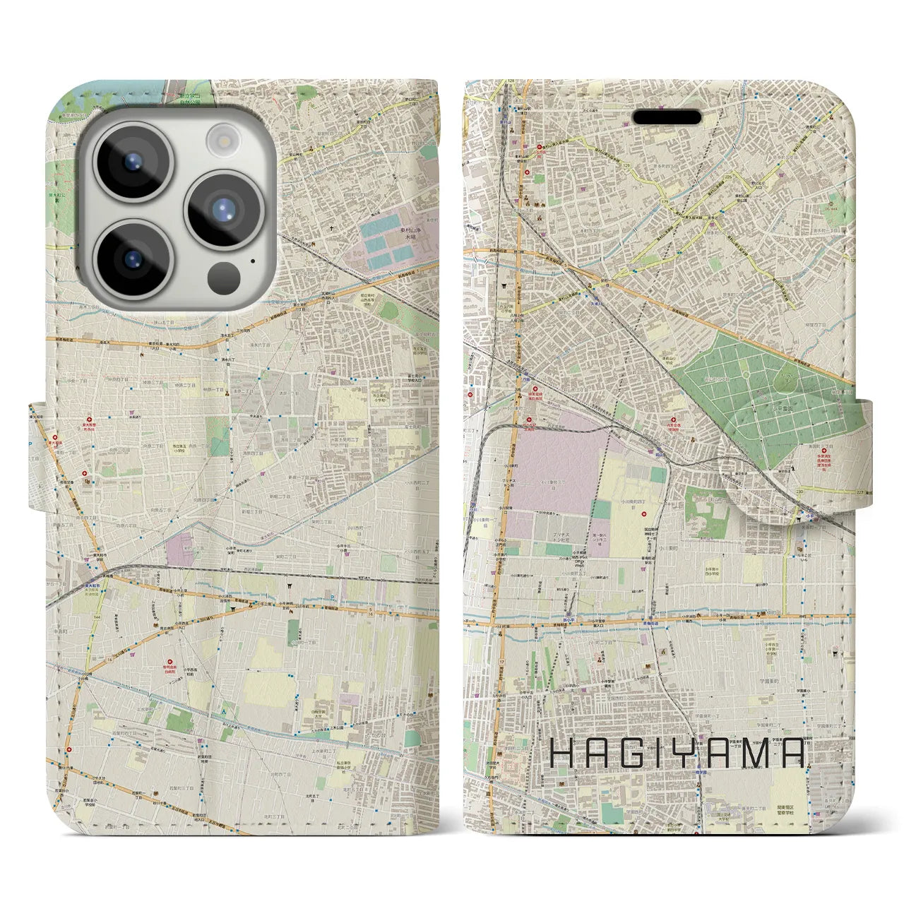 【萩山(東京都)】地図柄iPhoneケース(手帳タイプ)ナチュラル・iPhone 15 Pro 用