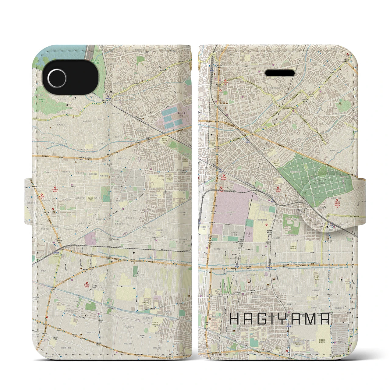 【萩山(東京都)】地図柄iPhoneケース(手帳タイプ)ナチュラル・iPhone SE(第3 / 第2世代) / 8 / 7 / 6s / 6 用